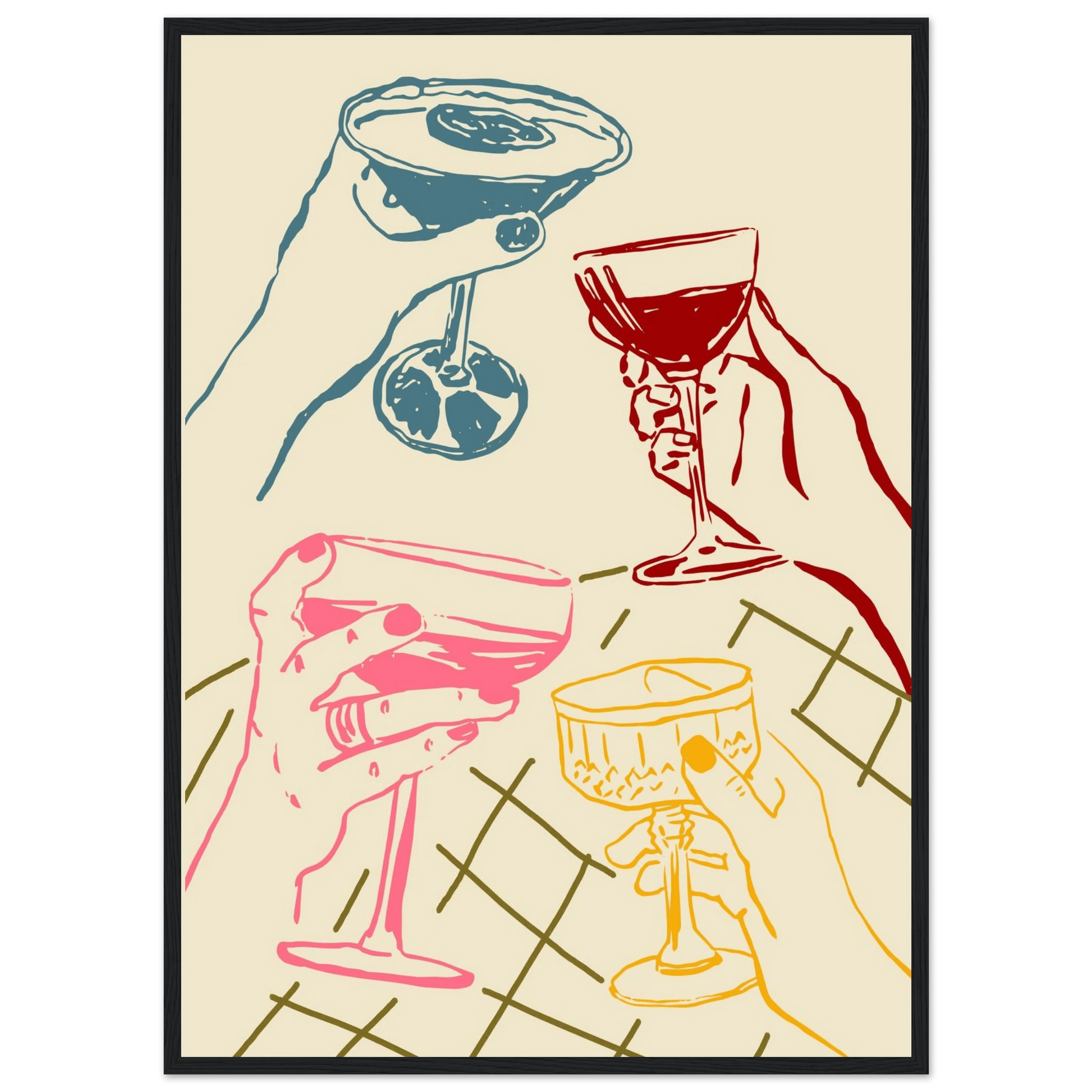Cheers Print | Colourful Cocktail Glasses Wall Art | Kitchen Bar Poster - Evergreen Posters