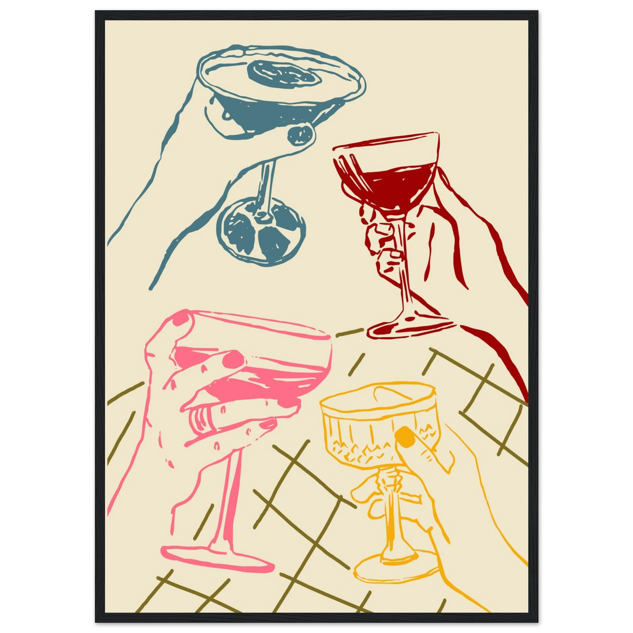 Cheers Print | Colourful Cocktail Glasses Wall Art | Kitchen Bar Poster - Evergreen Posters