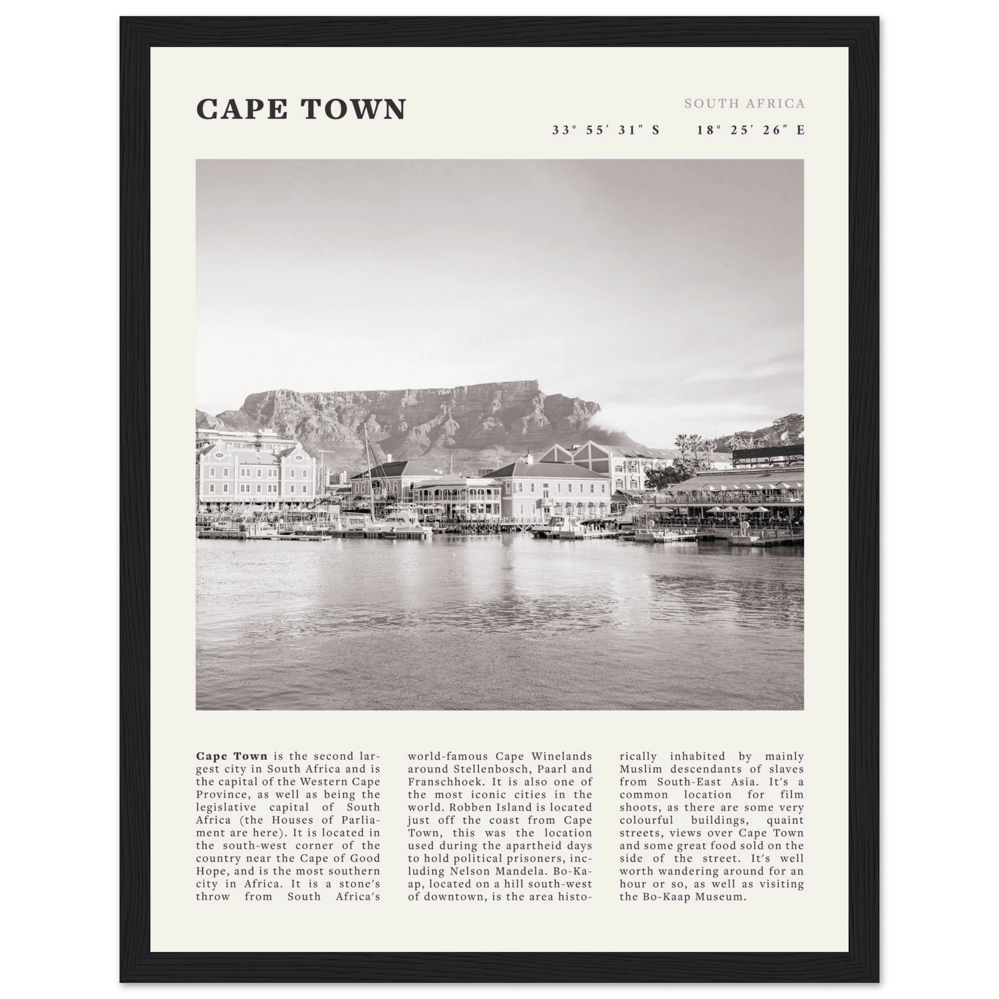Cape Town Poster | Black & White Table Mountain Wall Art | South Africa Travel Print - Evergreen Posters