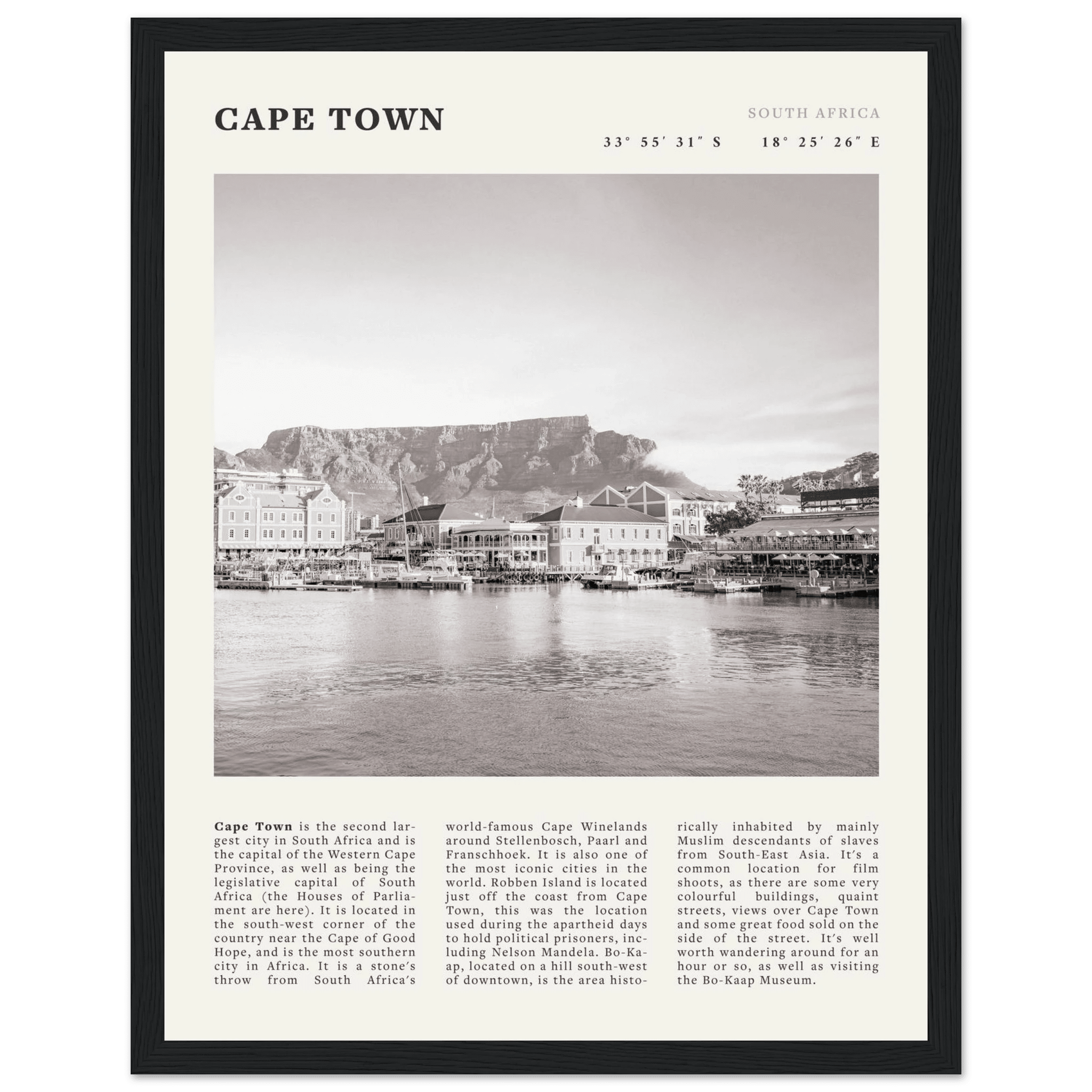 Cape Town Poster | Black & White Table Mountain Wall Art | South Africa Travel Print - Evergreen Posters