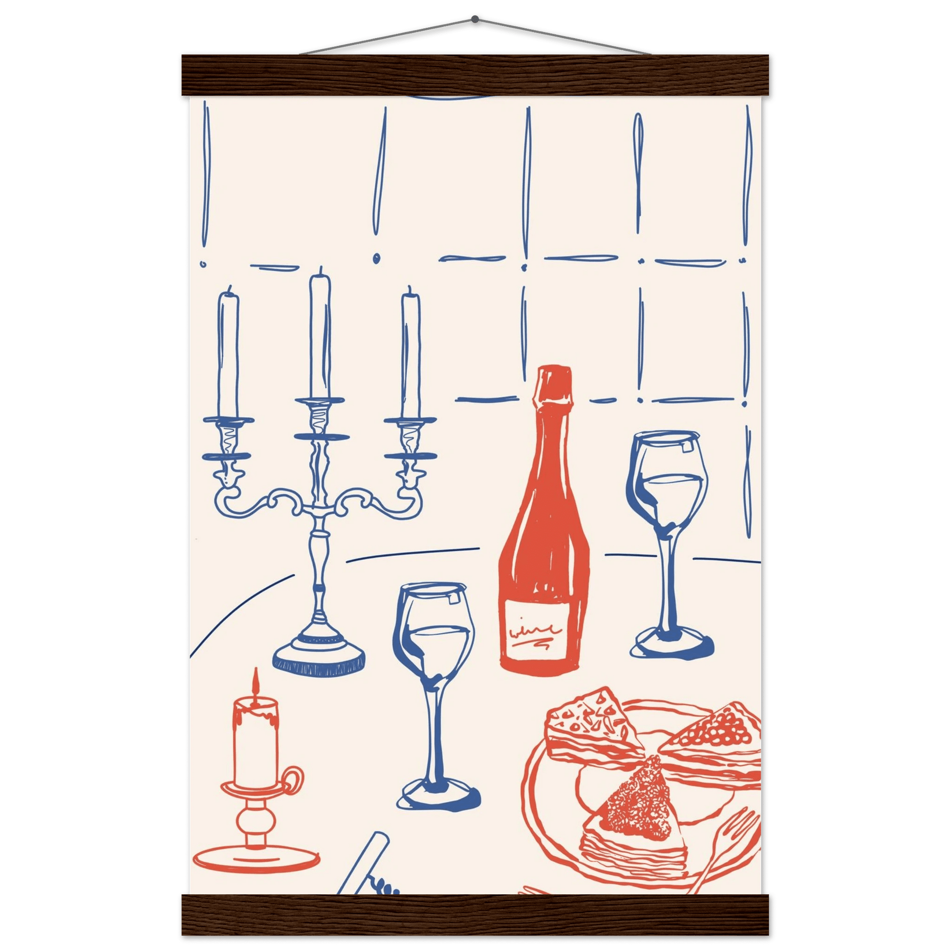 Candlelight Dinner Print | Wine & Candelabra Line Art Wall Art | Kitchen Poster - Evergreen Posters