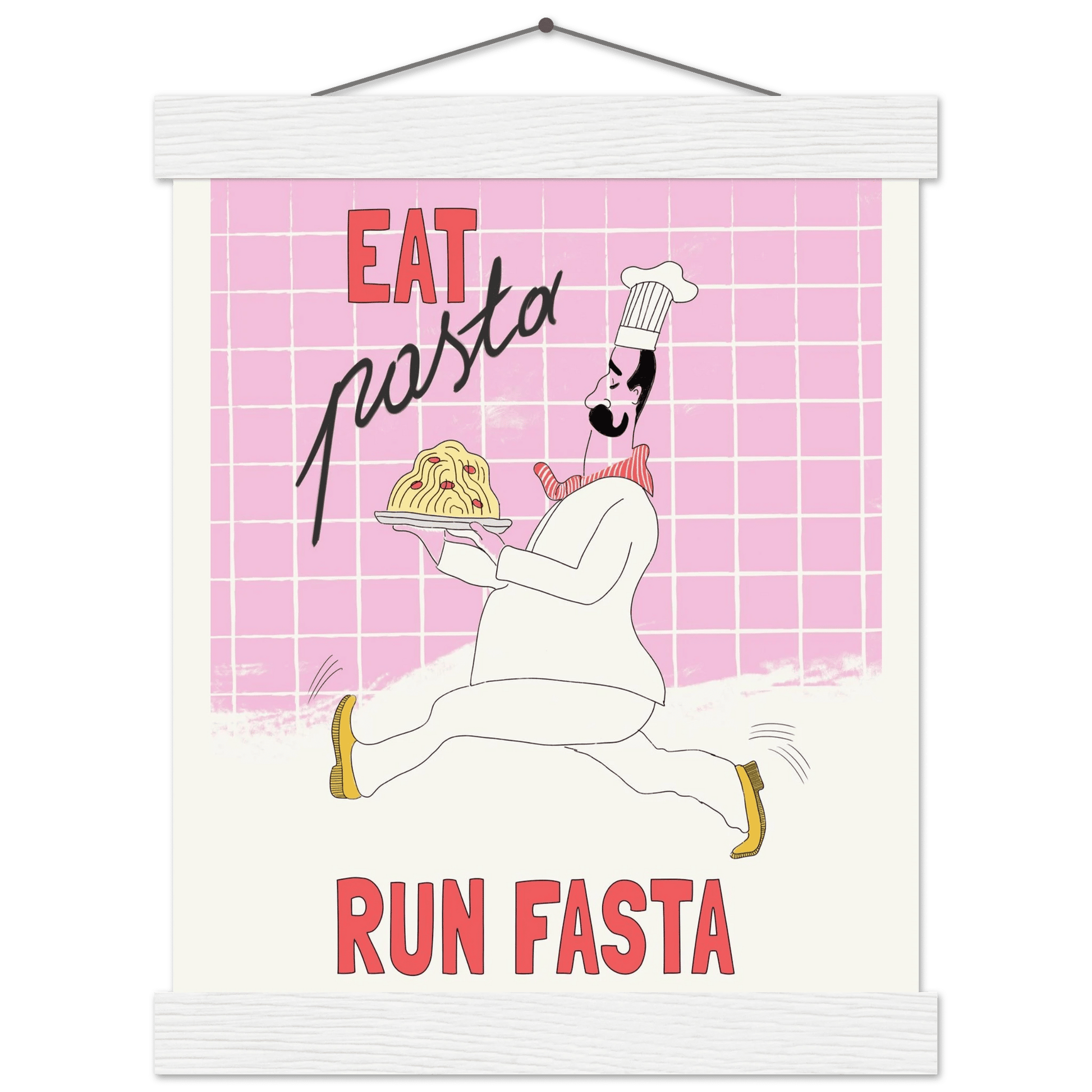 Eat Pasta Run Fasta Poster – Playful Kitchen Wall Art Print (Light Pink) - Evergreen Posters