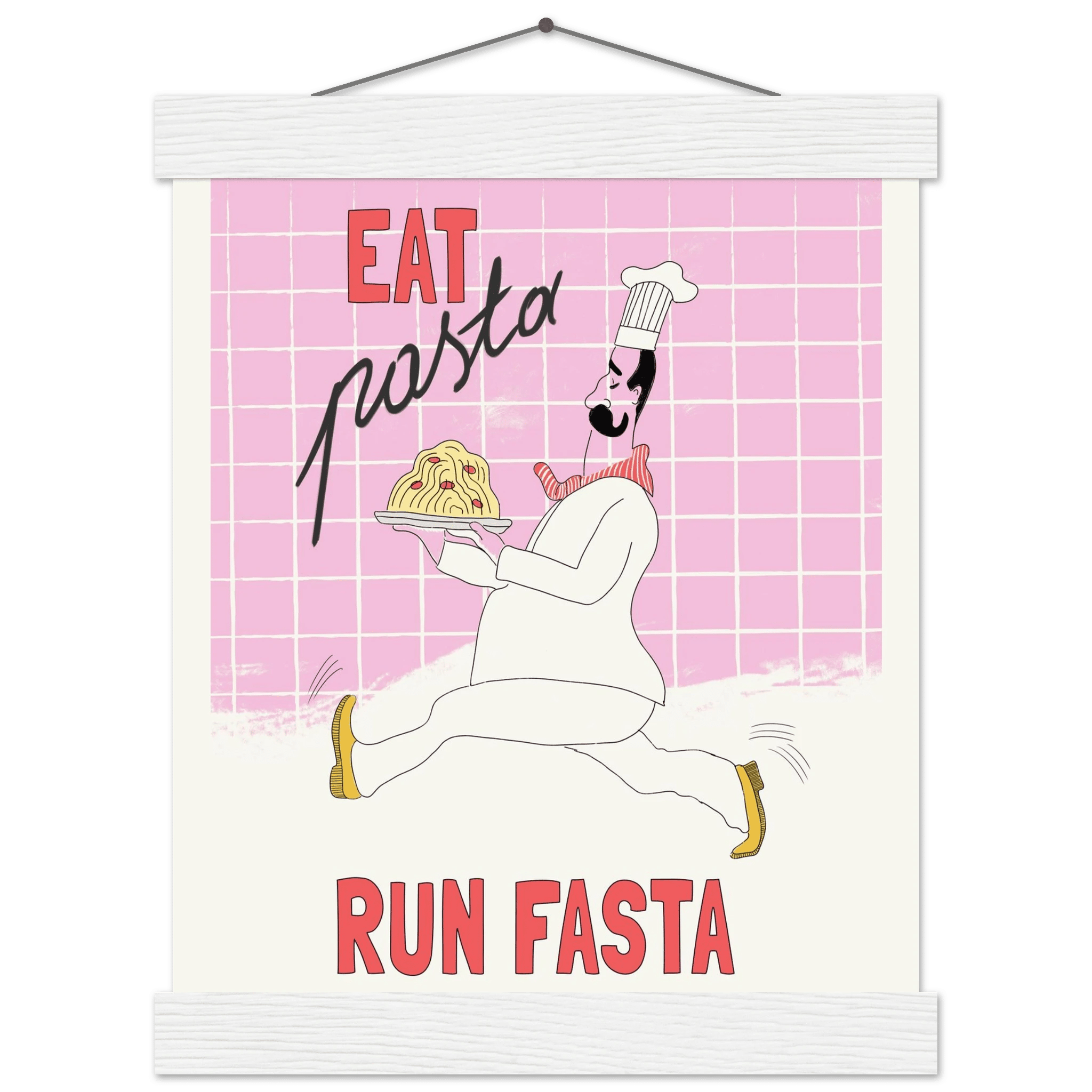 Eat Pasta Run Fasta Poster – Playful Kitchen Wall Art Print (Light Pink) - Evergreen Posters