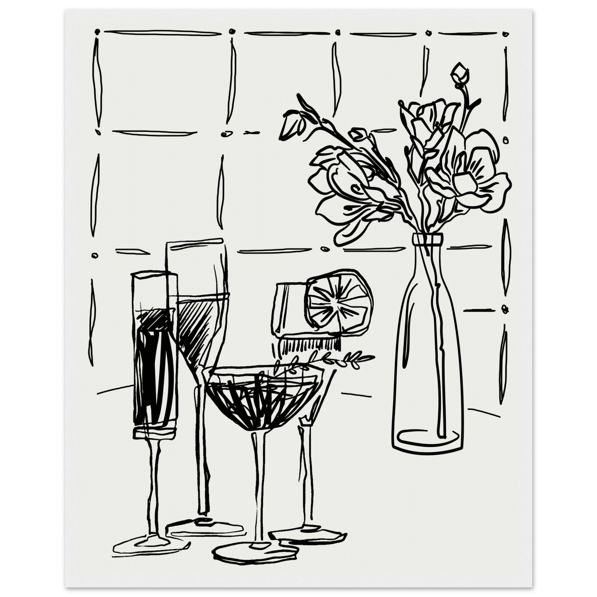 Cocktails & Flowers Print | Black Line Art Drinks Wall Art | Kitchen Bar Poster - Evergreen Posters