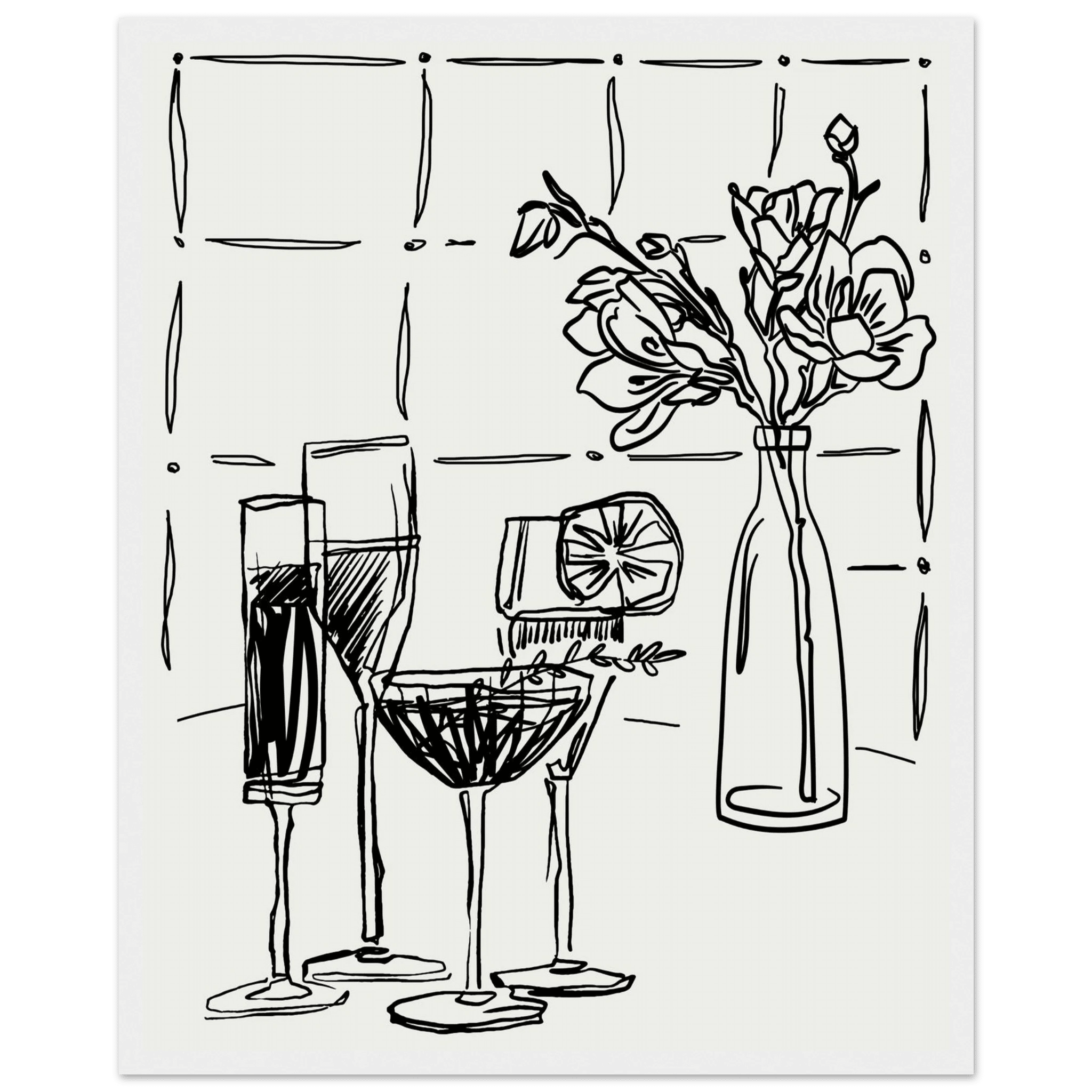 Cocktails & Flowers Print | Black Line Art Drinks Wall Art | Kitchen Bar Poster - Evergreen Posters