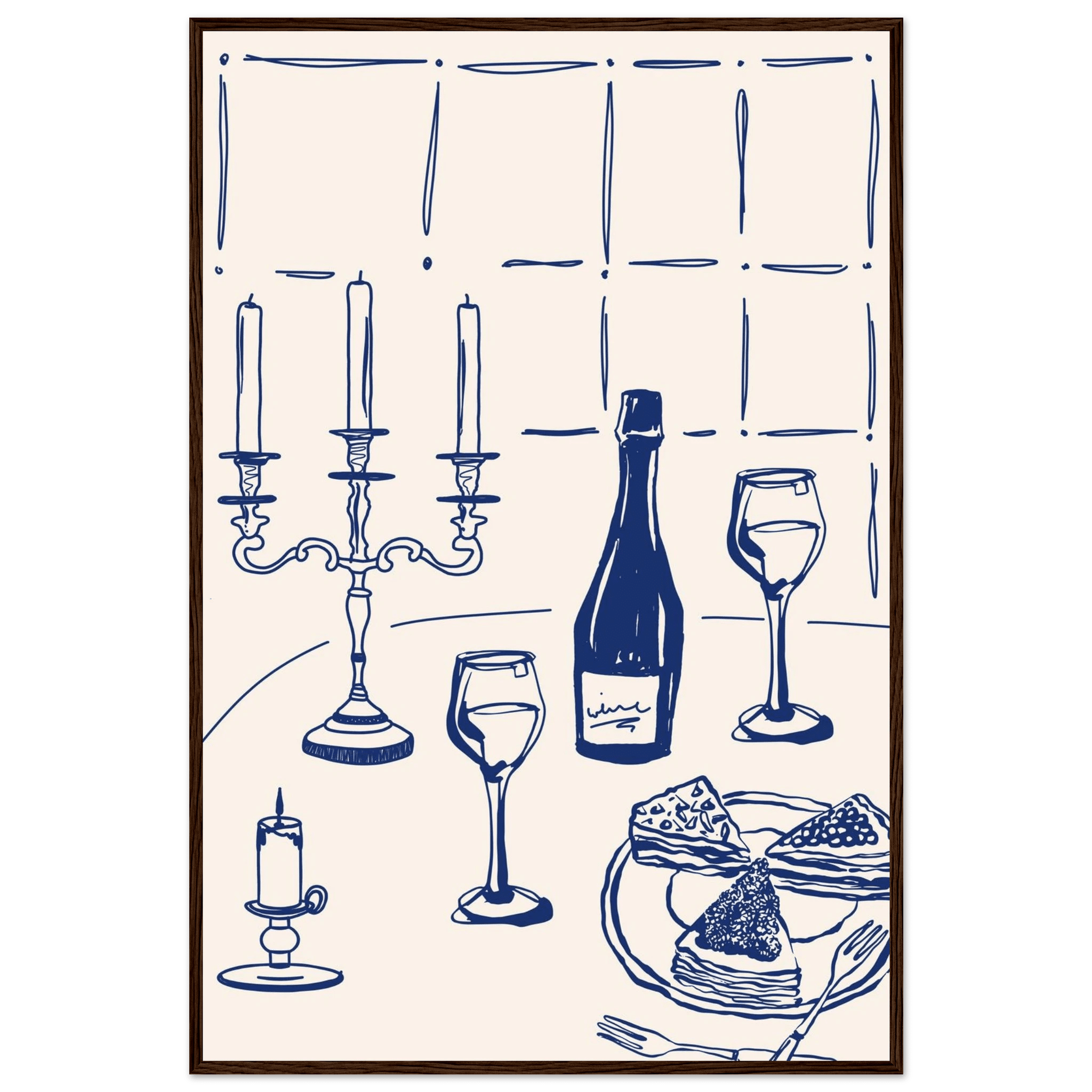 Candlelight Dinner Print | Navy Blue Wine & Candelabra Line Art | Kitchen Poster - Evergreen Posters