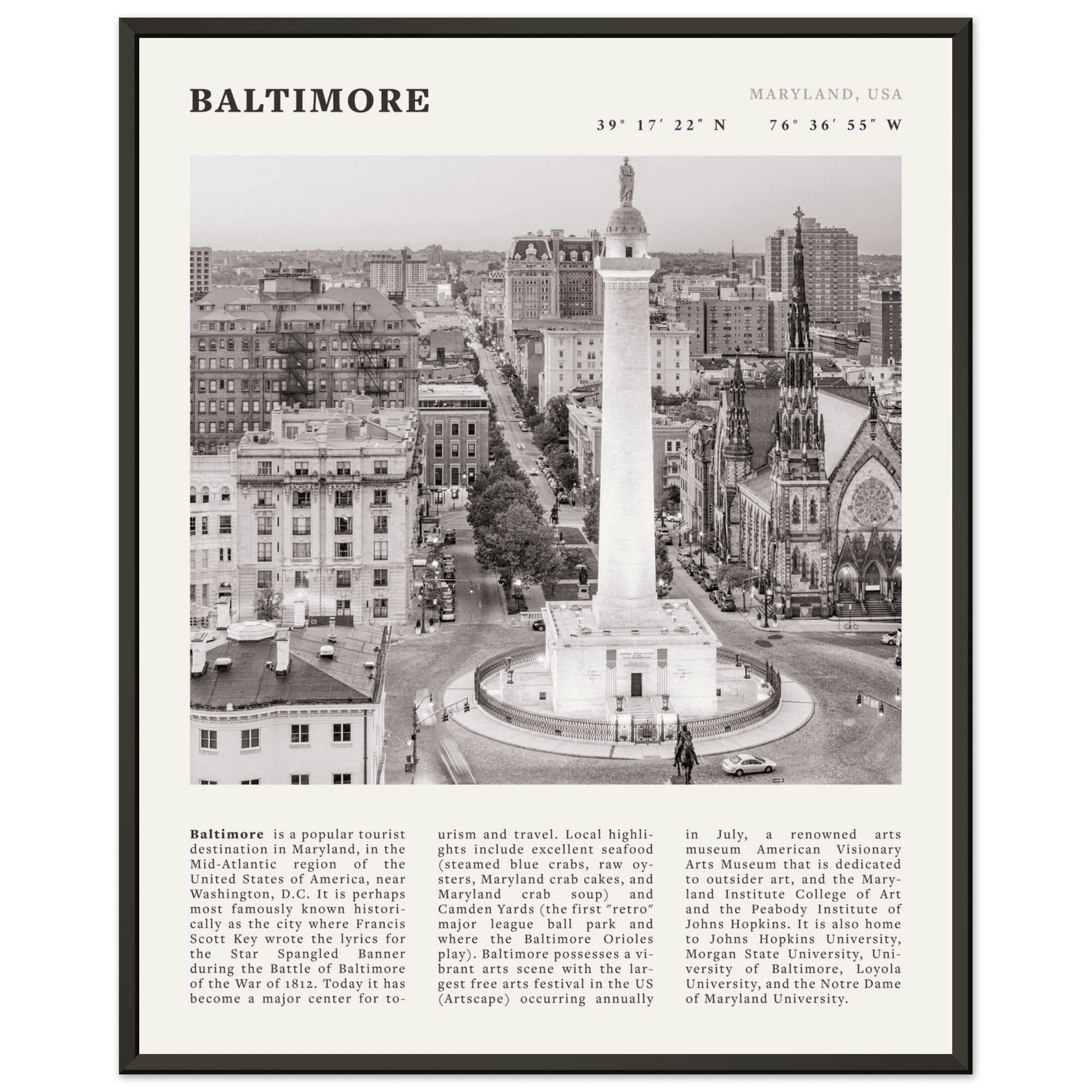 Baltimore Poster | Black & White Maryland City Wall Art | USA Travel Print - Evergreen Posters