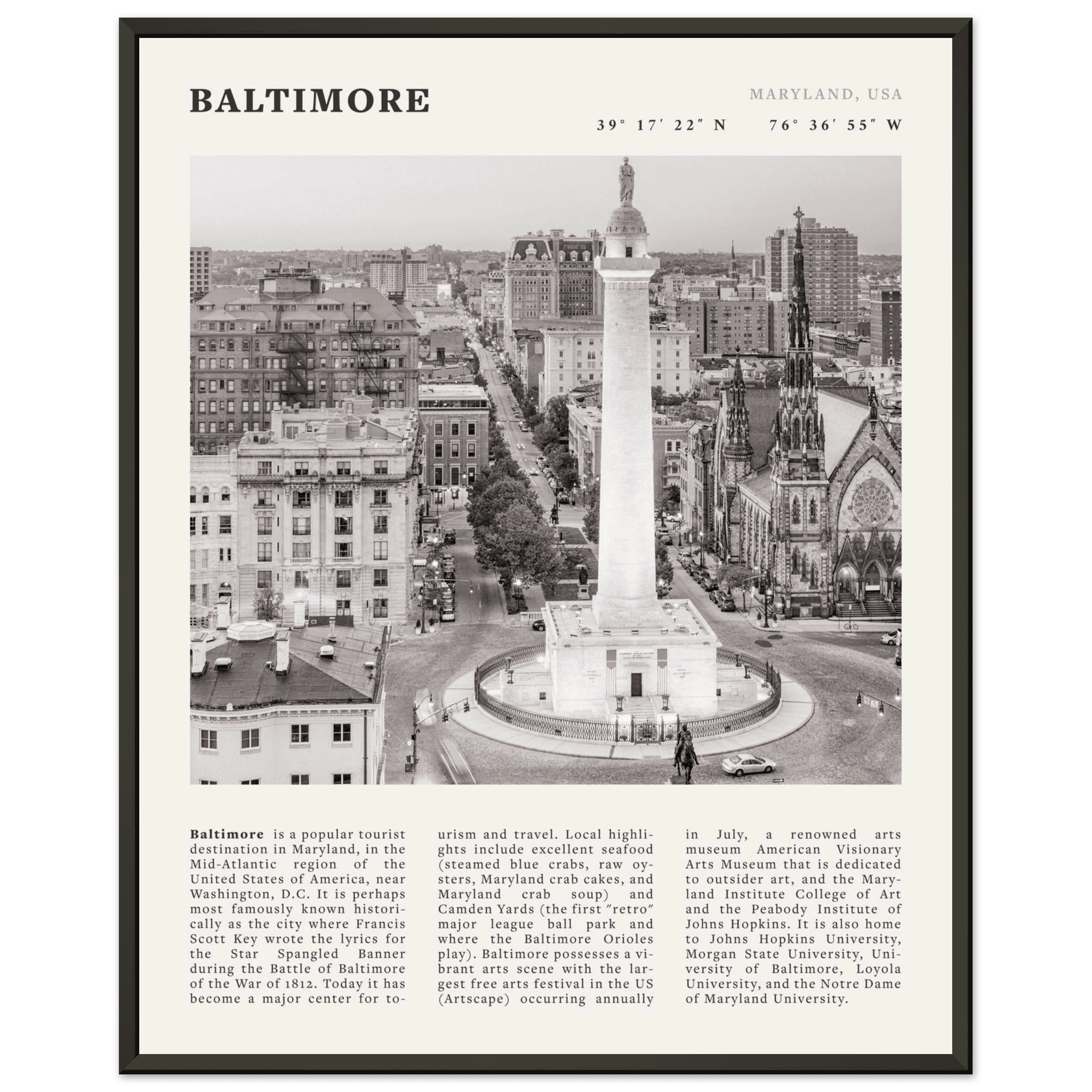 Baltimore Poster | Black & White Maryland City Wall Art | USA Travel Print - Evergreen Posters