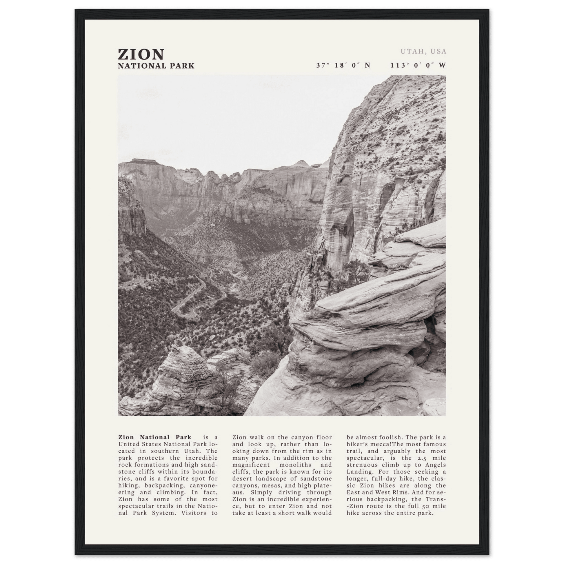 Zion National Park Poster | Black & White Utah Canyon Wall Art | USA Travel Print - Evergreen Posters