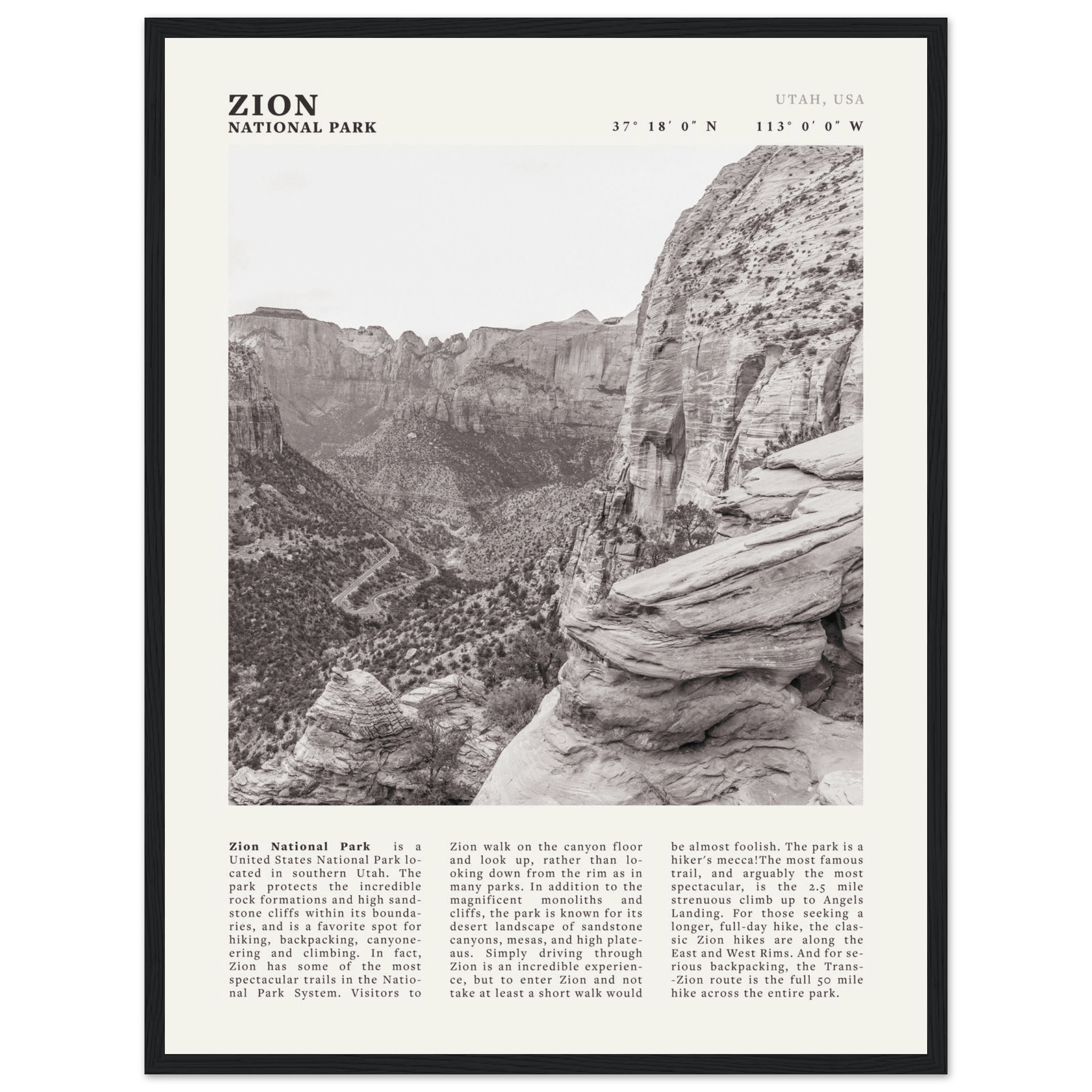 Zion National Park Poster | Black & White Utah Canyon Wall Art | USA Travel Print - Evergreen Posters