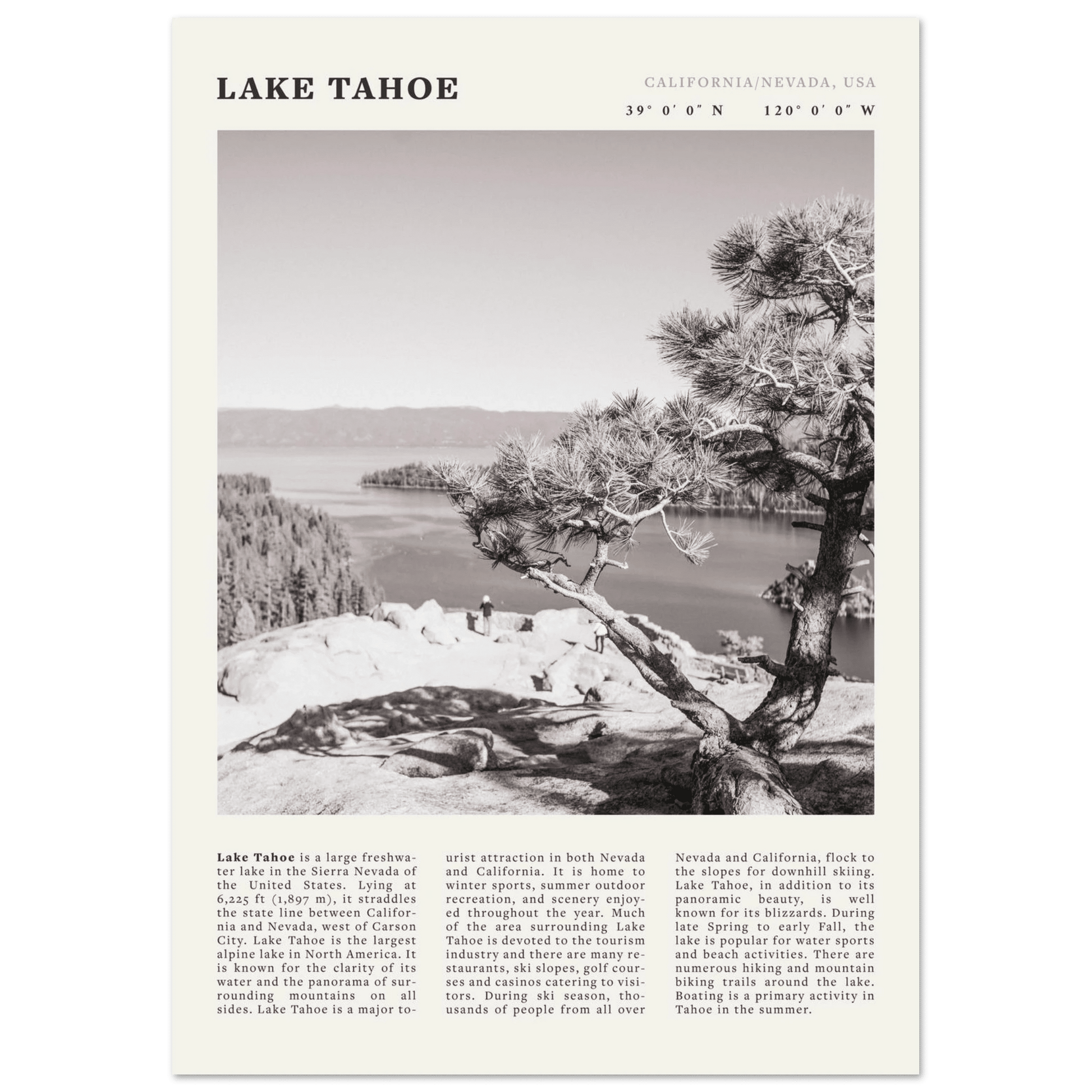 Lake Tahoe Poster | Black & White California Nevada Wall Art | Nature Travel Print Decor - Evergreen Posters