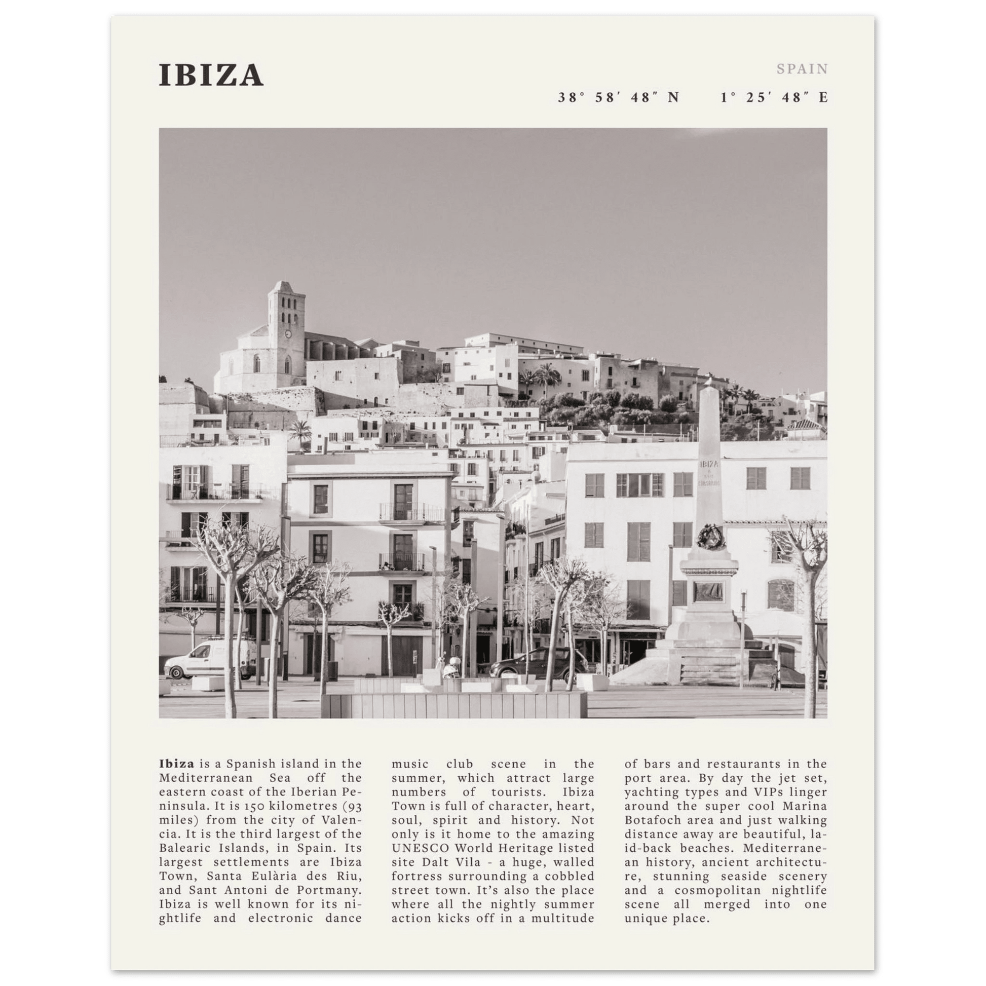 Ibiza Poster | Black & White Spanish Island Wall Art | Spain Travel Print - Evergreen Posters