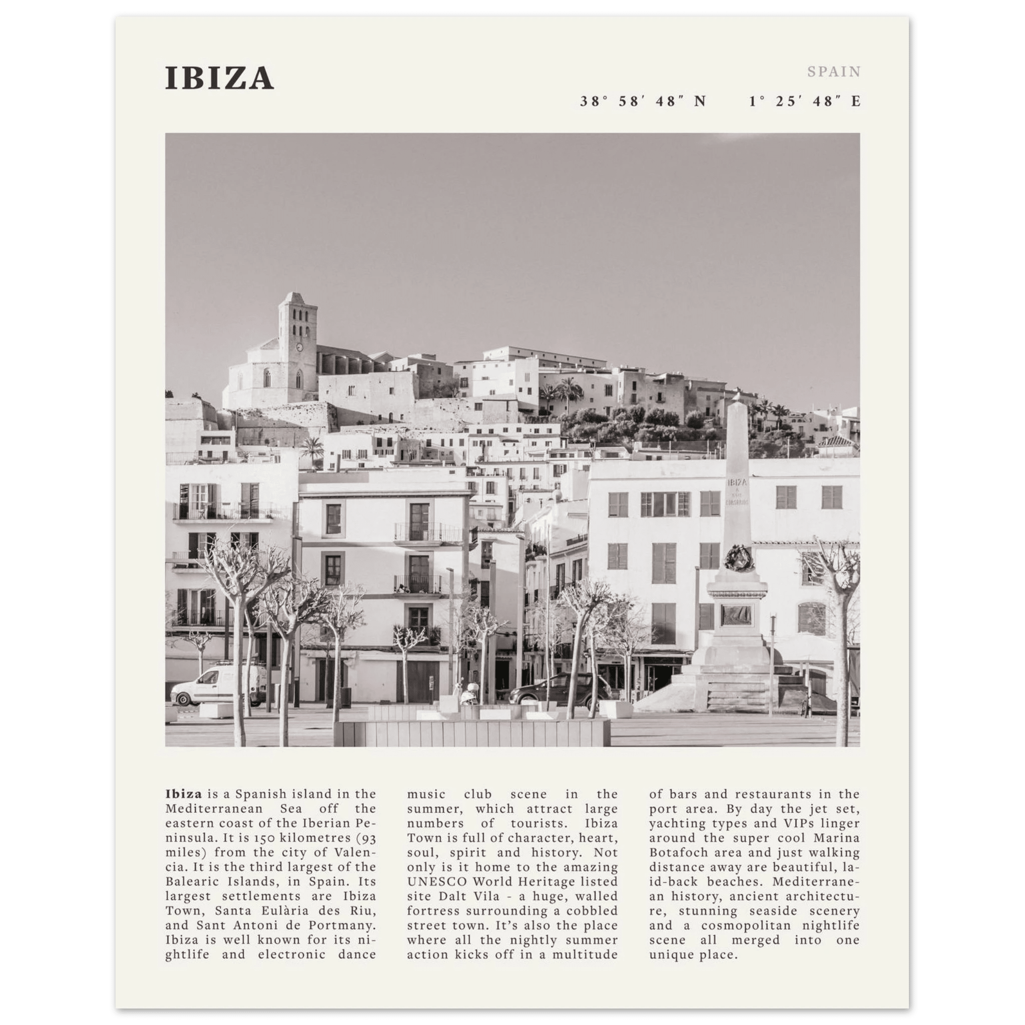 Ibiza Poster | Black & White Spanish Island Wall Art | Spain Travel Print - Evergreen Posters