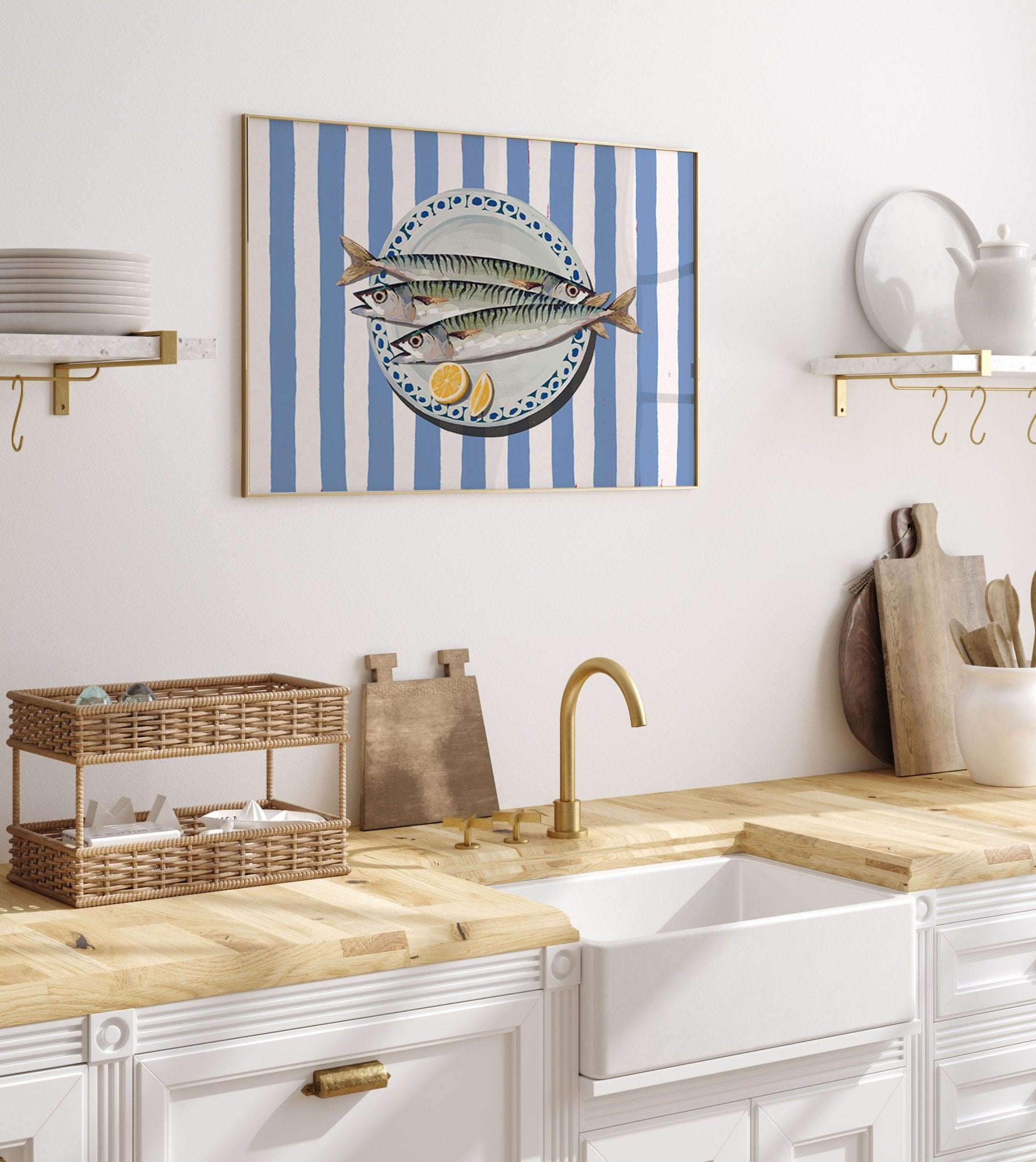 Sardines Print | Blue Stripe Fish Kitchen Wall Art | Coastal Food Poster - Evergreen Posters