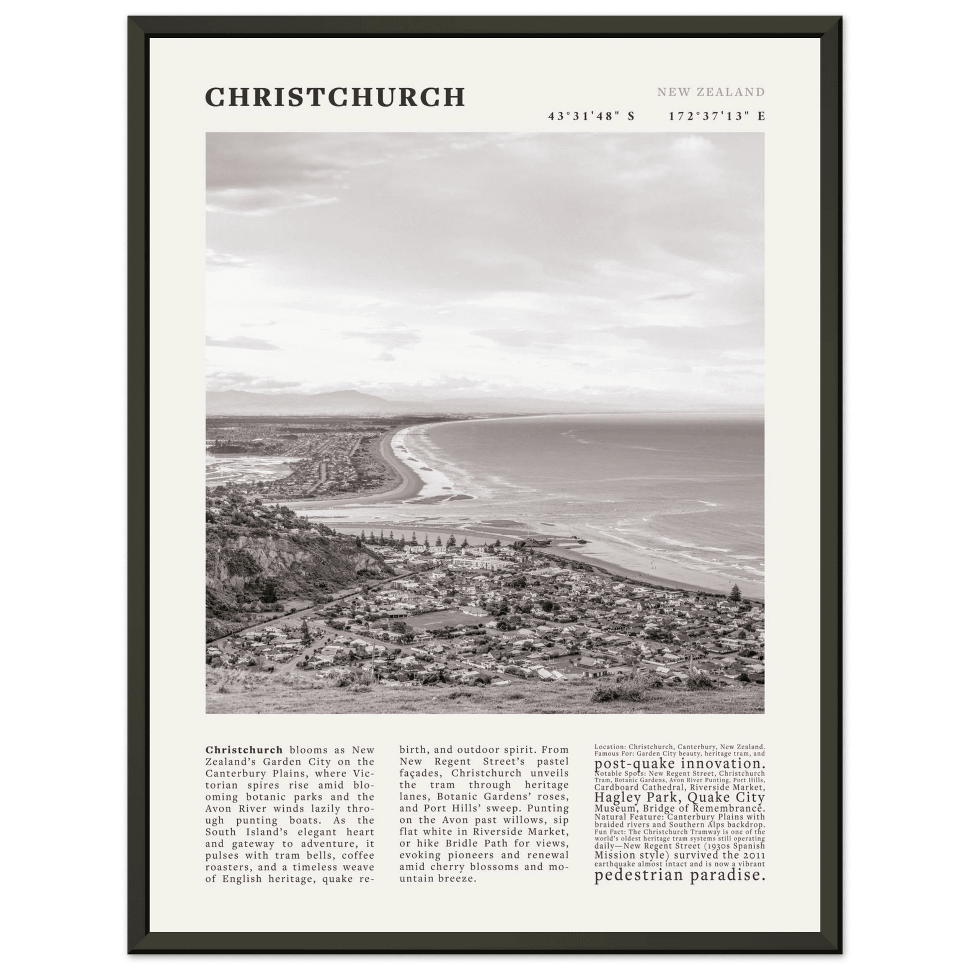 Christchurch New Zealand Poster Black and White – Vintage Garden City Panorama Print - Evergreen Posters