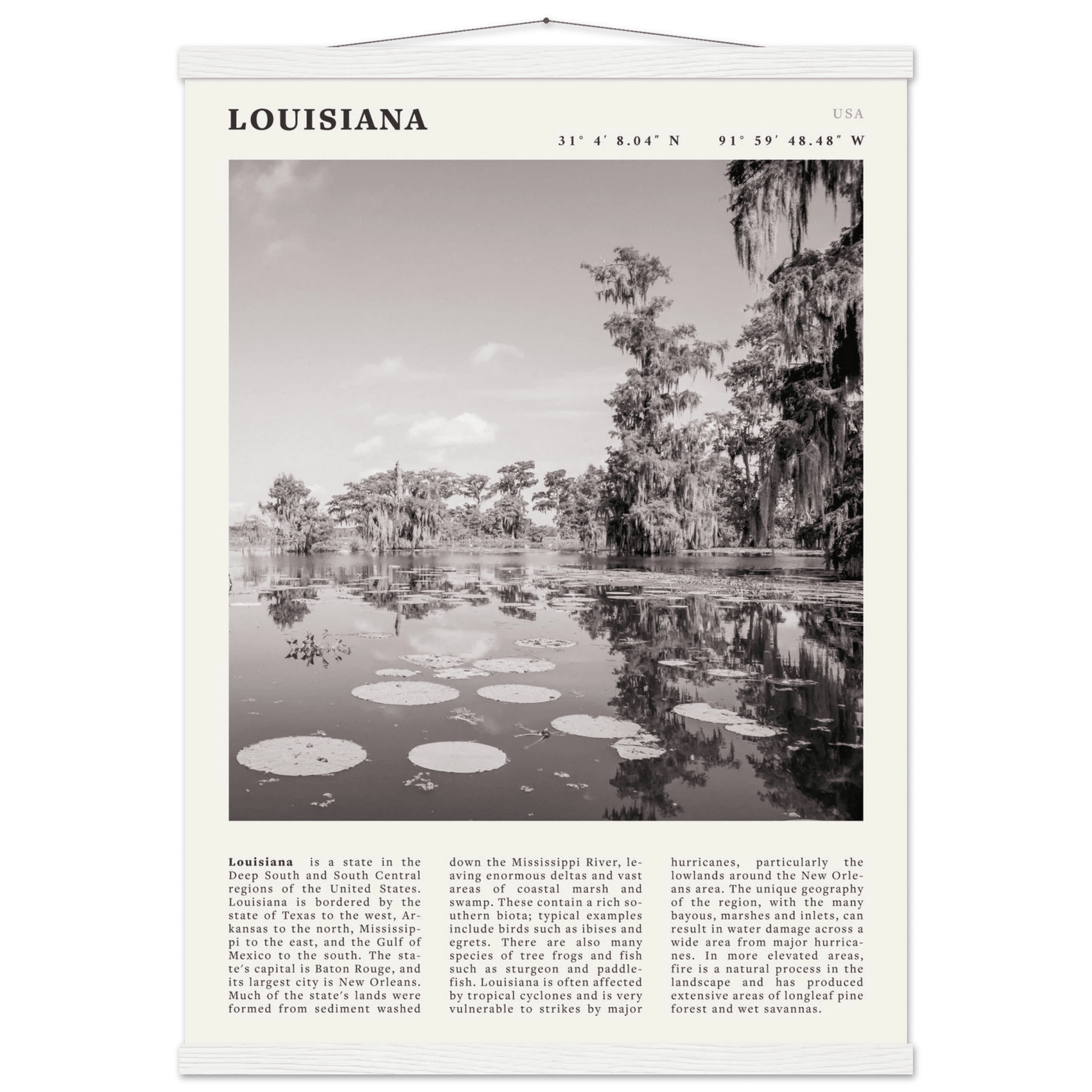 Louisiana Poster | Black & White Bayou Wall Art | Southern USA Travel Print Decor - Evergreen Posters