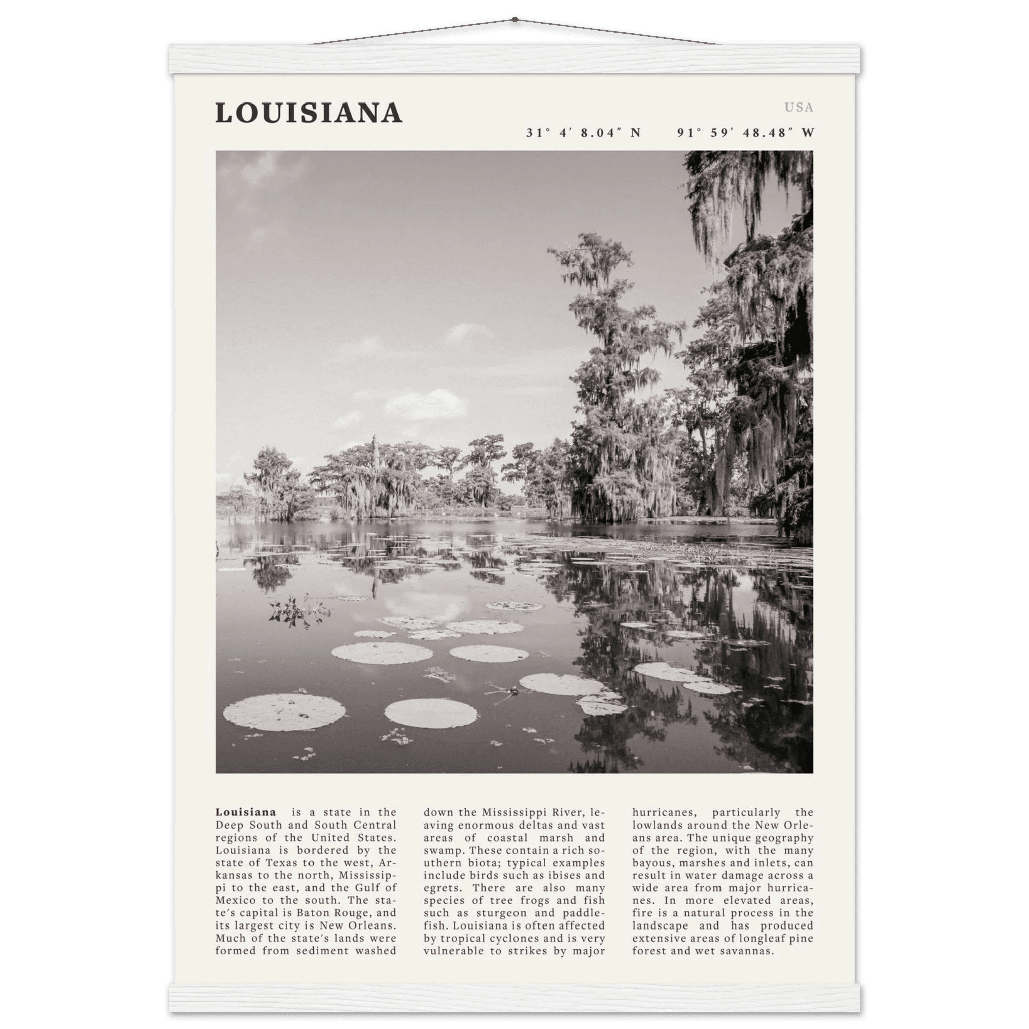 Louisiana Poster | Black & White Bayou Wall Art | Southern USA Travel Print Decor - Evergreen Posters