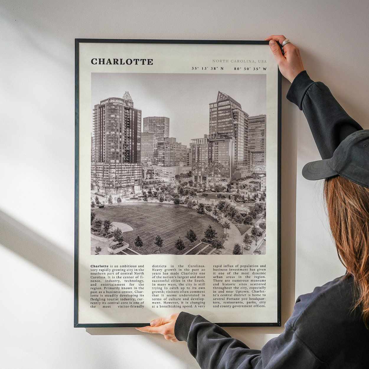 Charlotte Poster | Black & White North Carolina Skyline Wall Art | NC Travel Print - Evergreen Posters