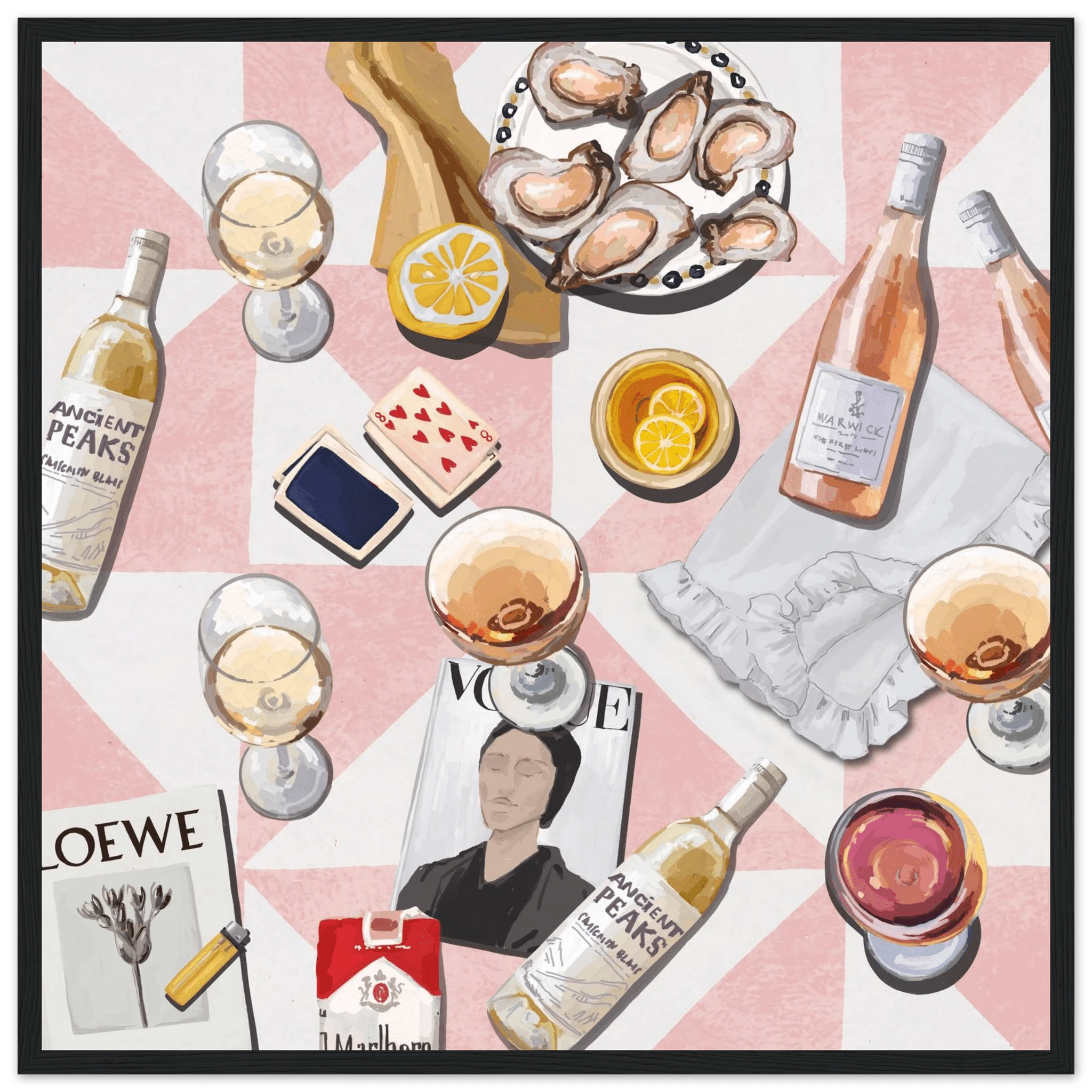 Vogue Oysters & Rosé Poster | Dopamine Decor Luxury Wall Art | Pink Tile Square Print - Evergreen Posters