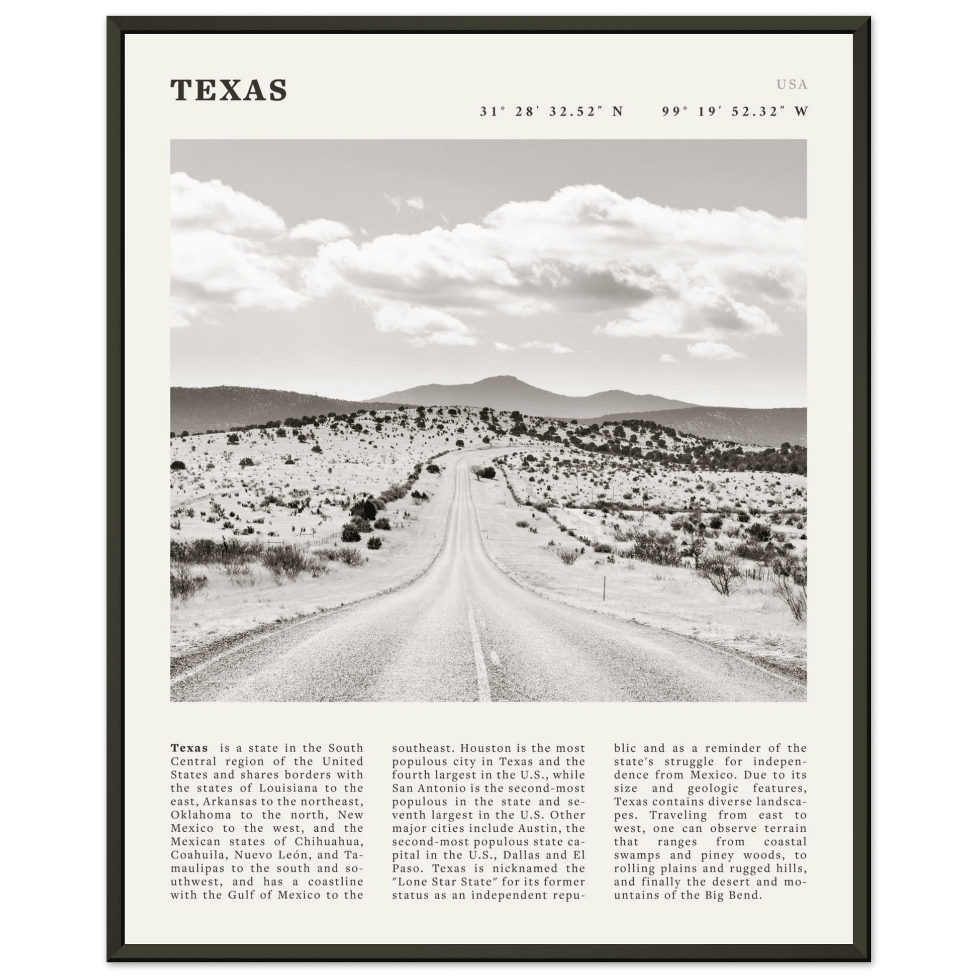 Texas Poster | Black & White Lone Star Road Wall Art | USA Travel Print Decor - Evergreen Posters