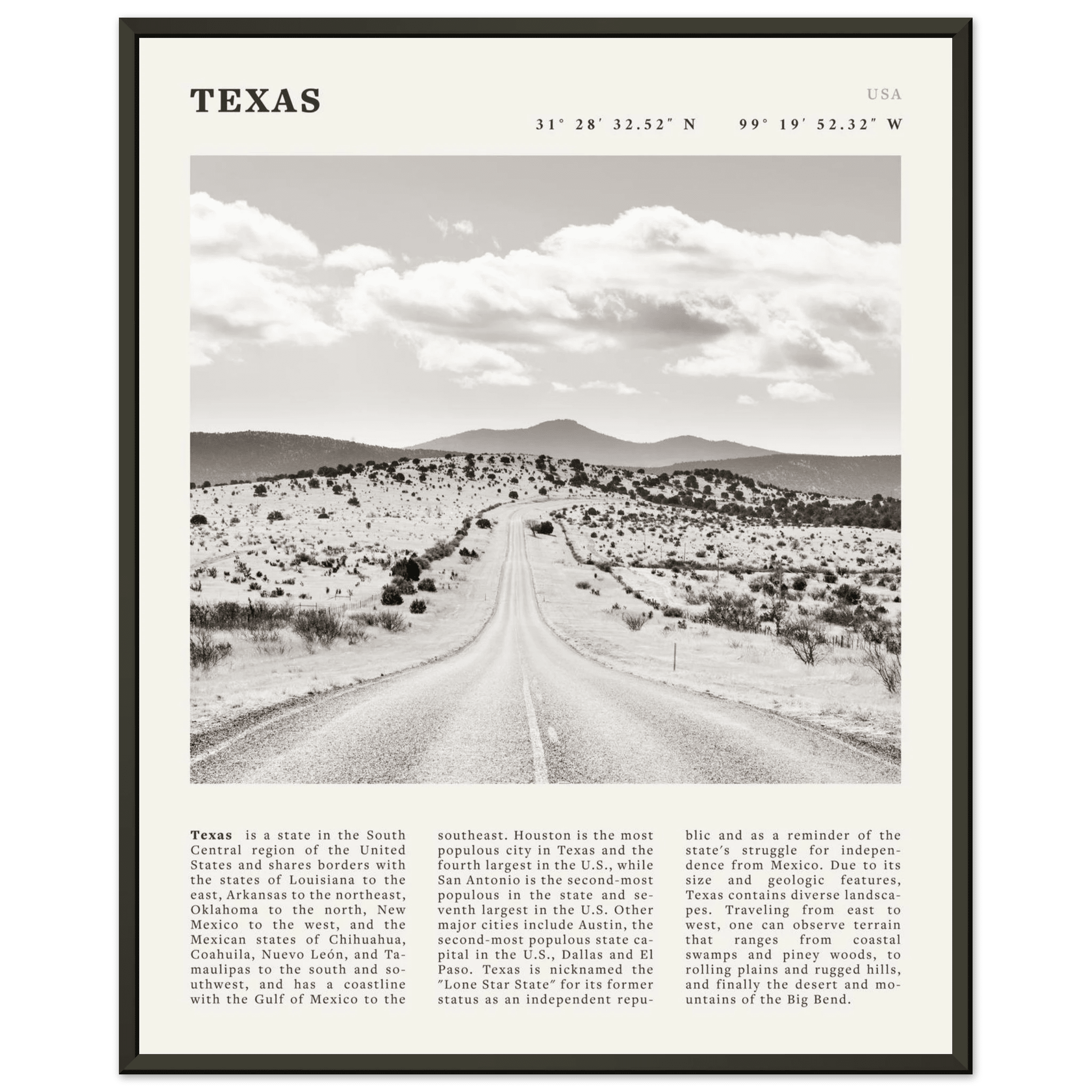 Texas Poster | Black & White Lone Star Road Wall Art | USA Travel Print Decor - Evergreen Posters