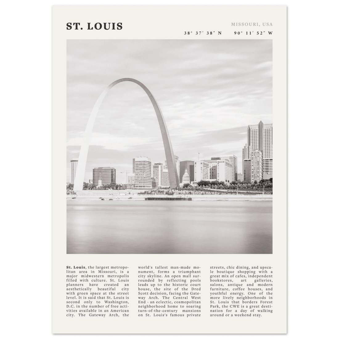 St. Louis Poster | Black & White Gateway Arch Wall Art | Missouri Travel Print - Evergreen Posters