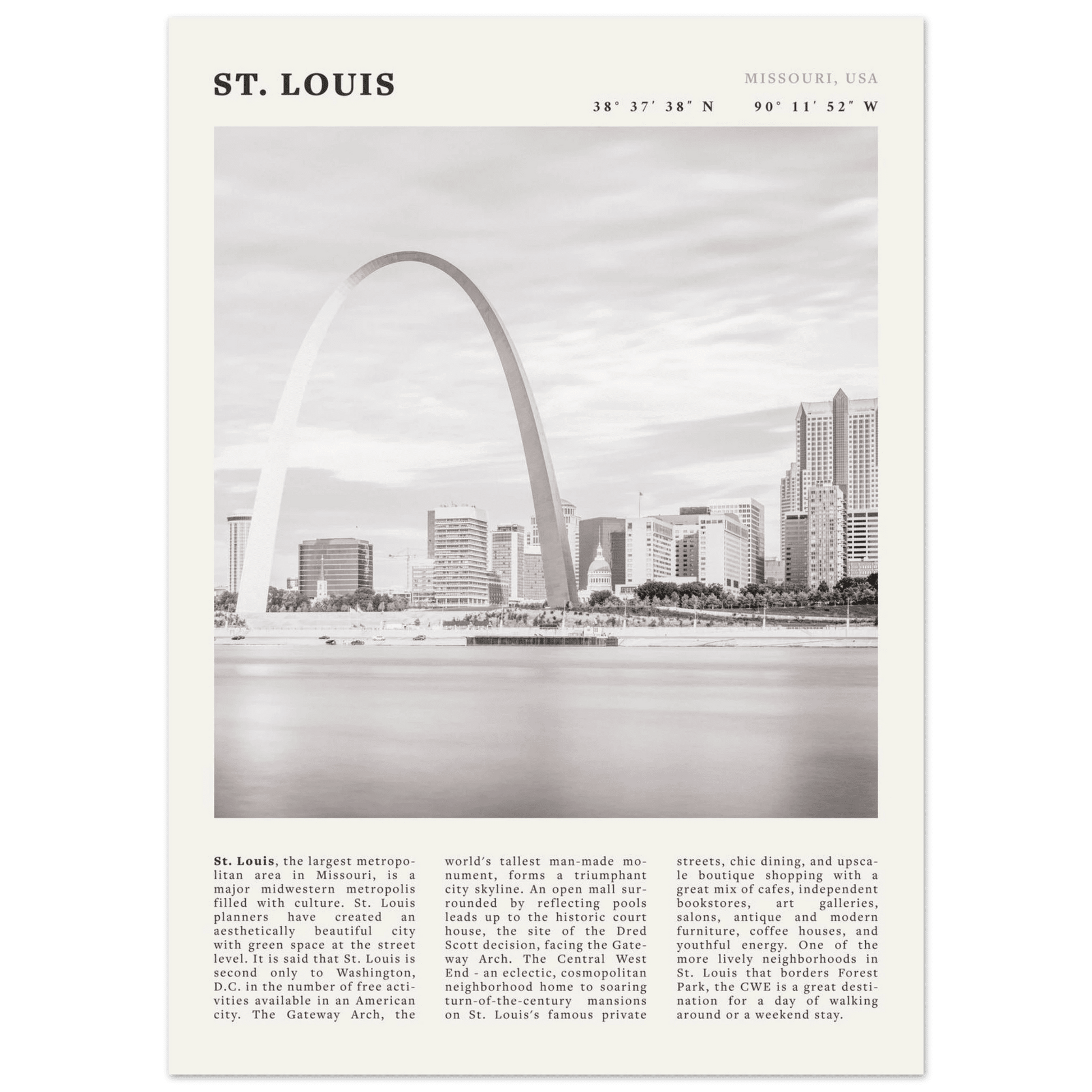 St. Louis Poster | Black & White Gateway Arch Wall Art | Missouri Travel Print - Evergreen Posters