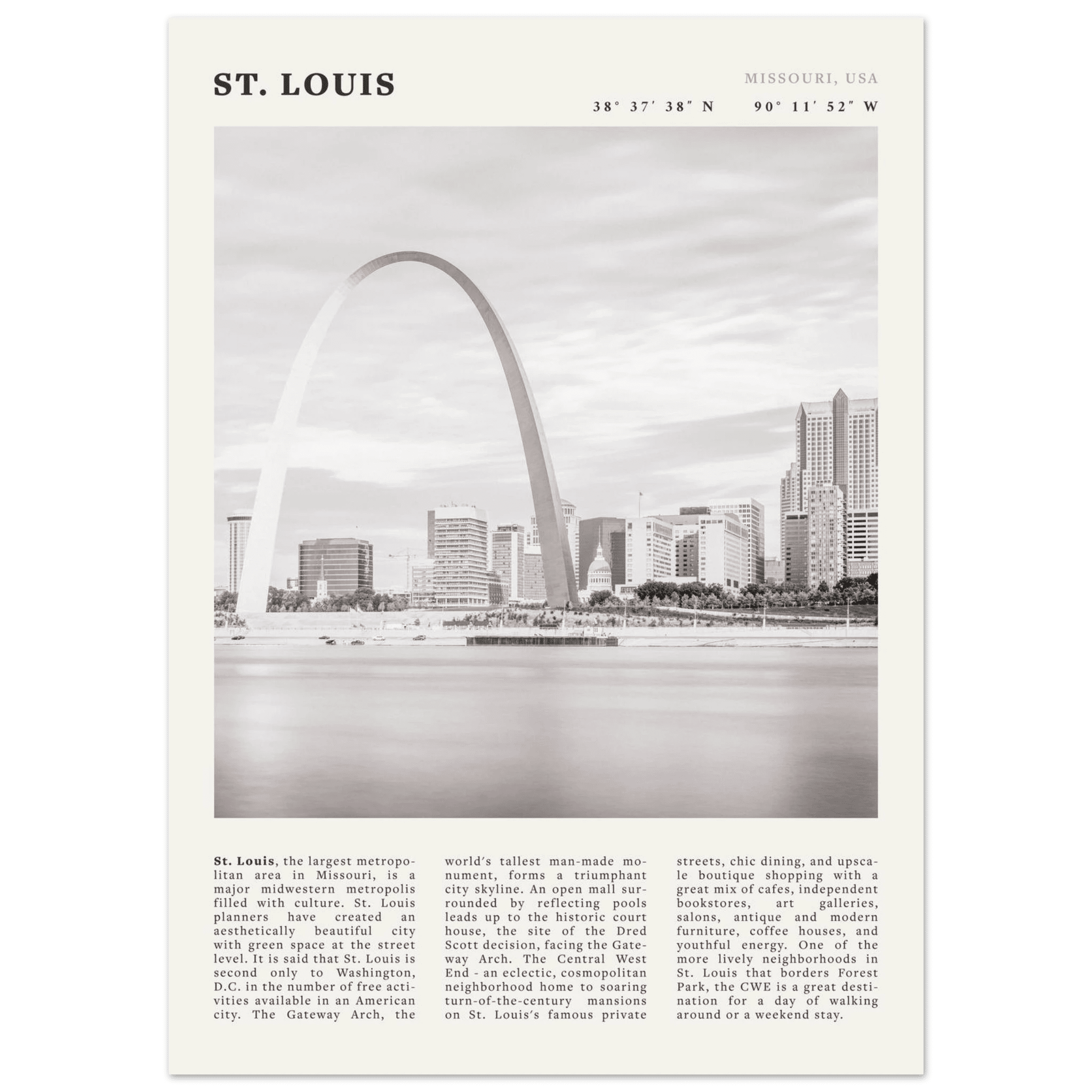 St. Louis Poster | Black & White Gateway Arch Wall Art | Missouri Travel Print - Evergreen Posters