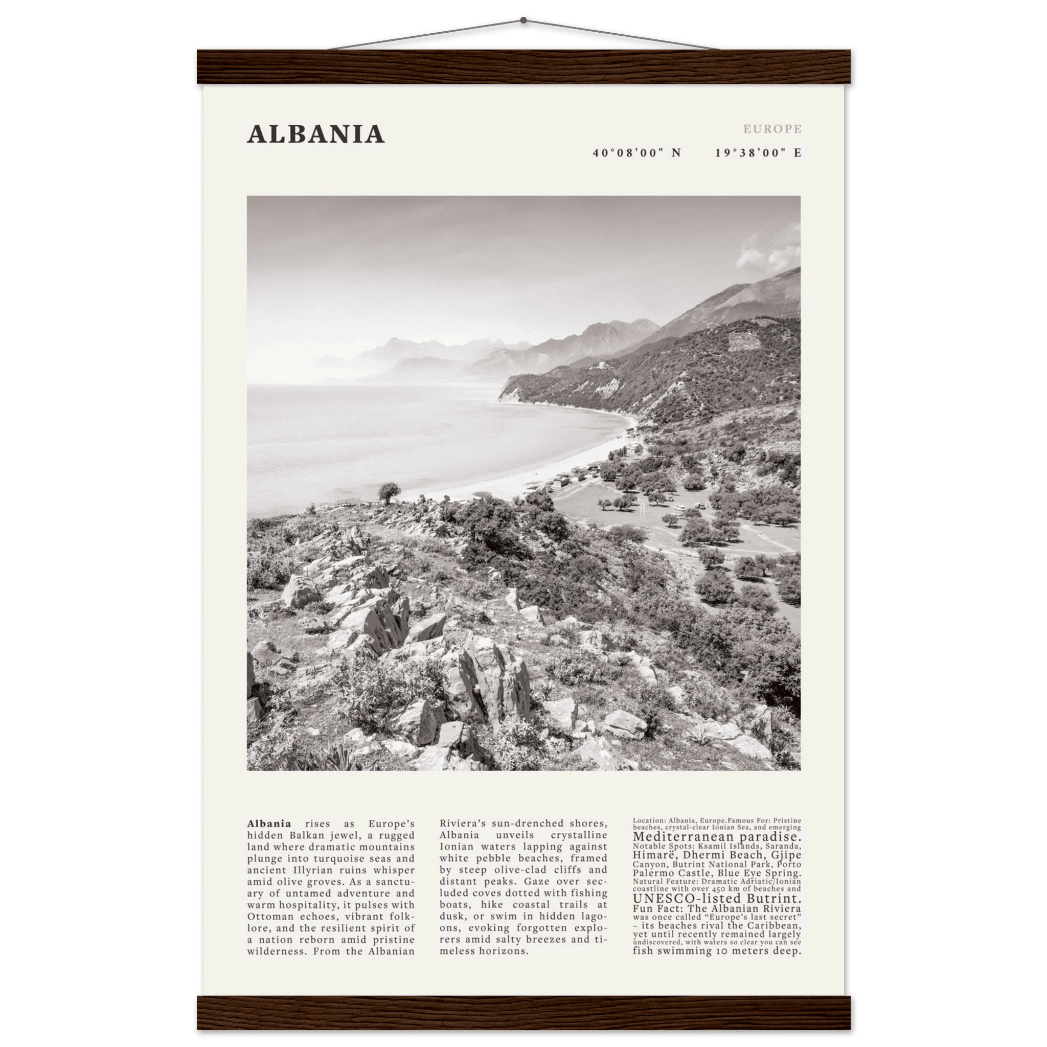 Albania Poster Black and White – Vintage Albanian Riviera Travel Print (Digital & Printed Options) - Evergreen Posters
