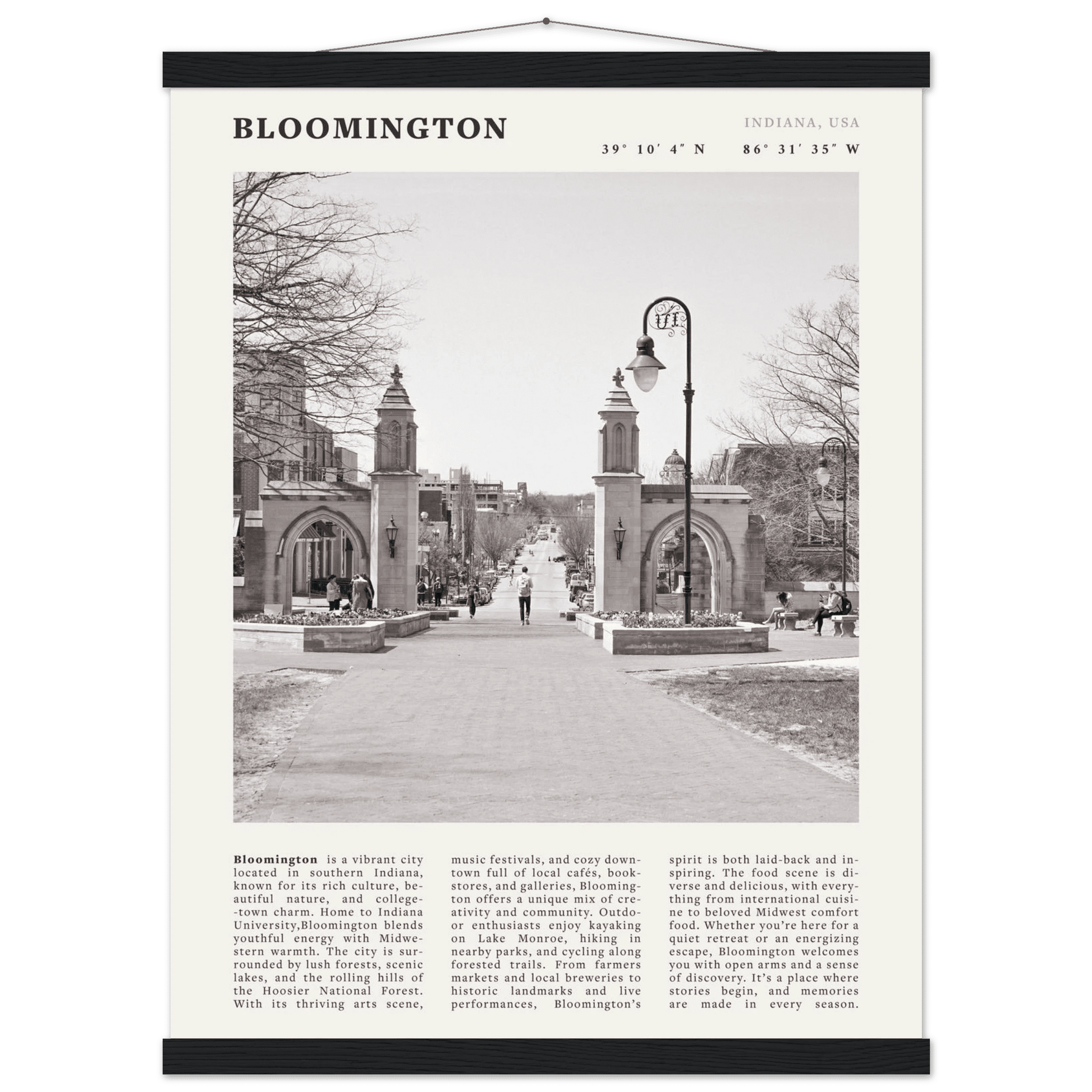 Bloomington Indiana Black and White Vintage Poster - Evergreen Posters