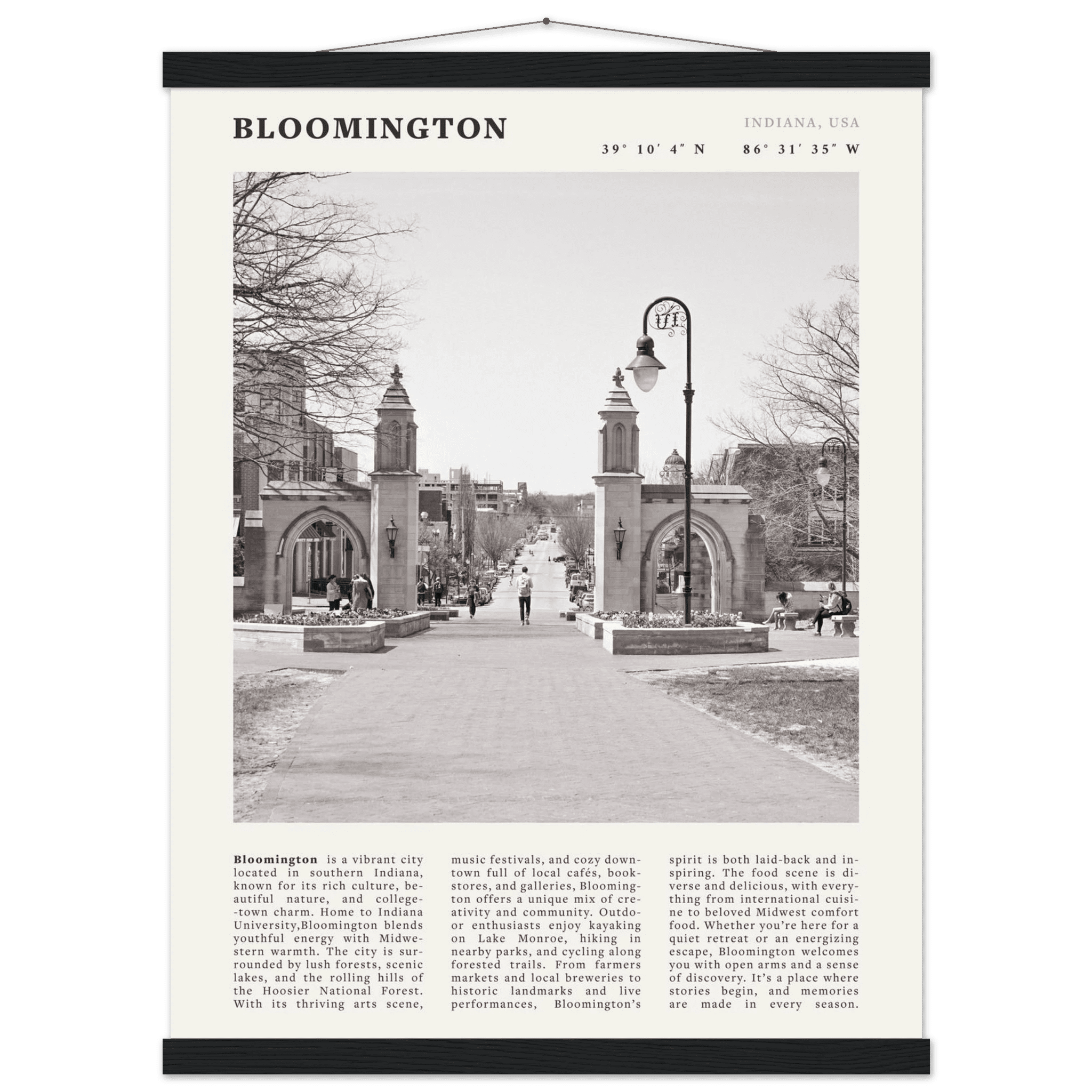 Bloomington Indiana Black and White Vintage Poster - Evergreen Posters