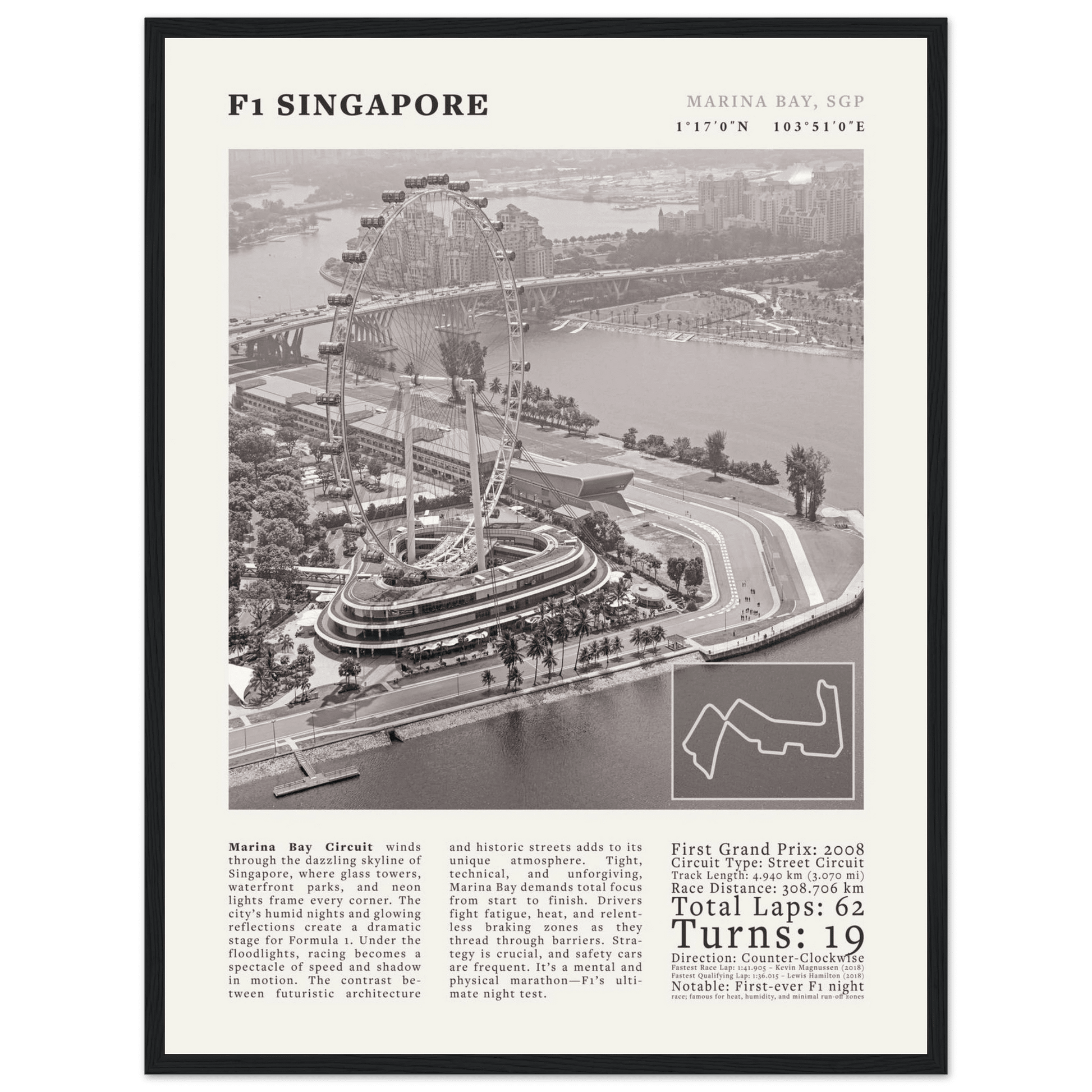 F1 Singapore Poster Black and White – Vintage Marina Bay Night Race Print (Digital & Printed Options) - Evergreen Posters
