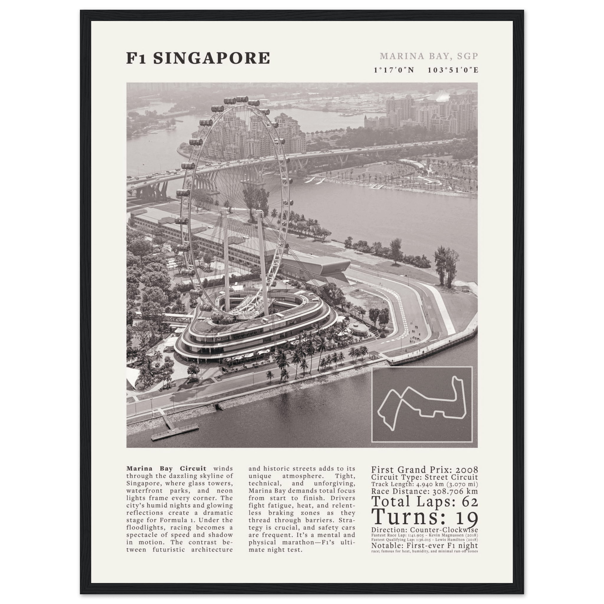 F1 Singapore Poster Black and White – Vintage Marina Bay Night Race Print (Digital & Printed Options) - Evergreen Posters