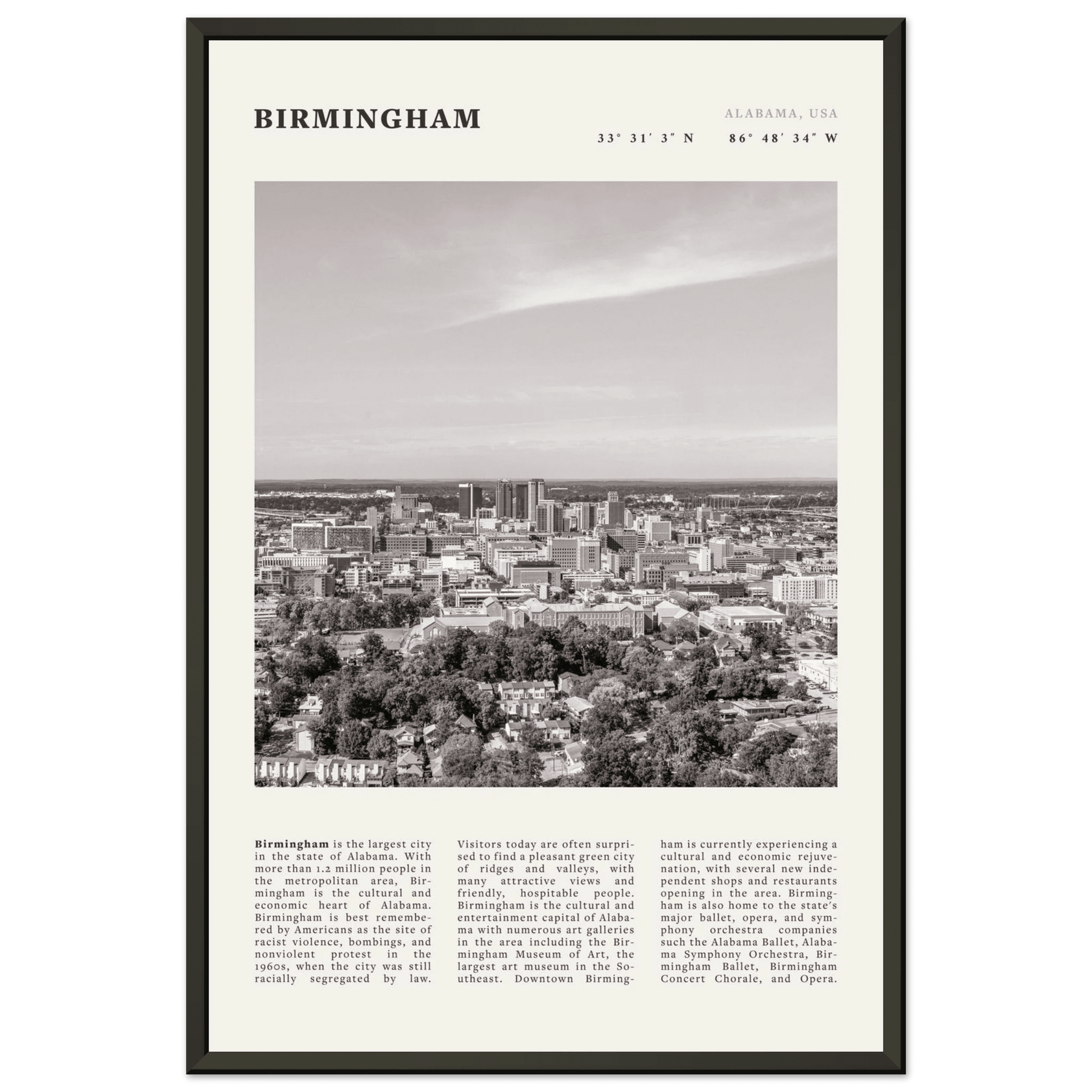 Birmingham Poster | Black & White Alabama Skyline Wall Art | AL Travel Print - Evergreen Posters
