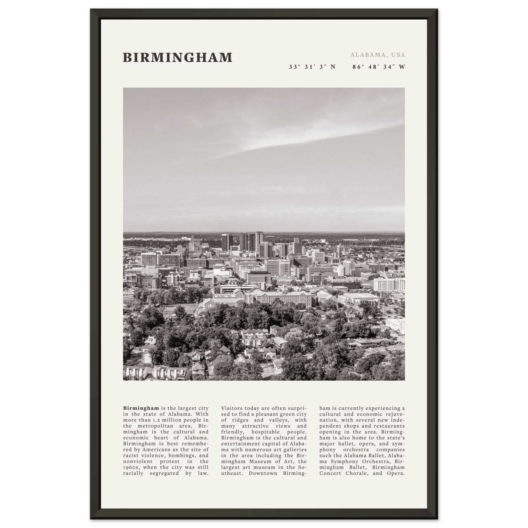 Birmingham Poster | Black & White Alabama Skyline Wall Art | AL Travel Print - Evergreen Posters