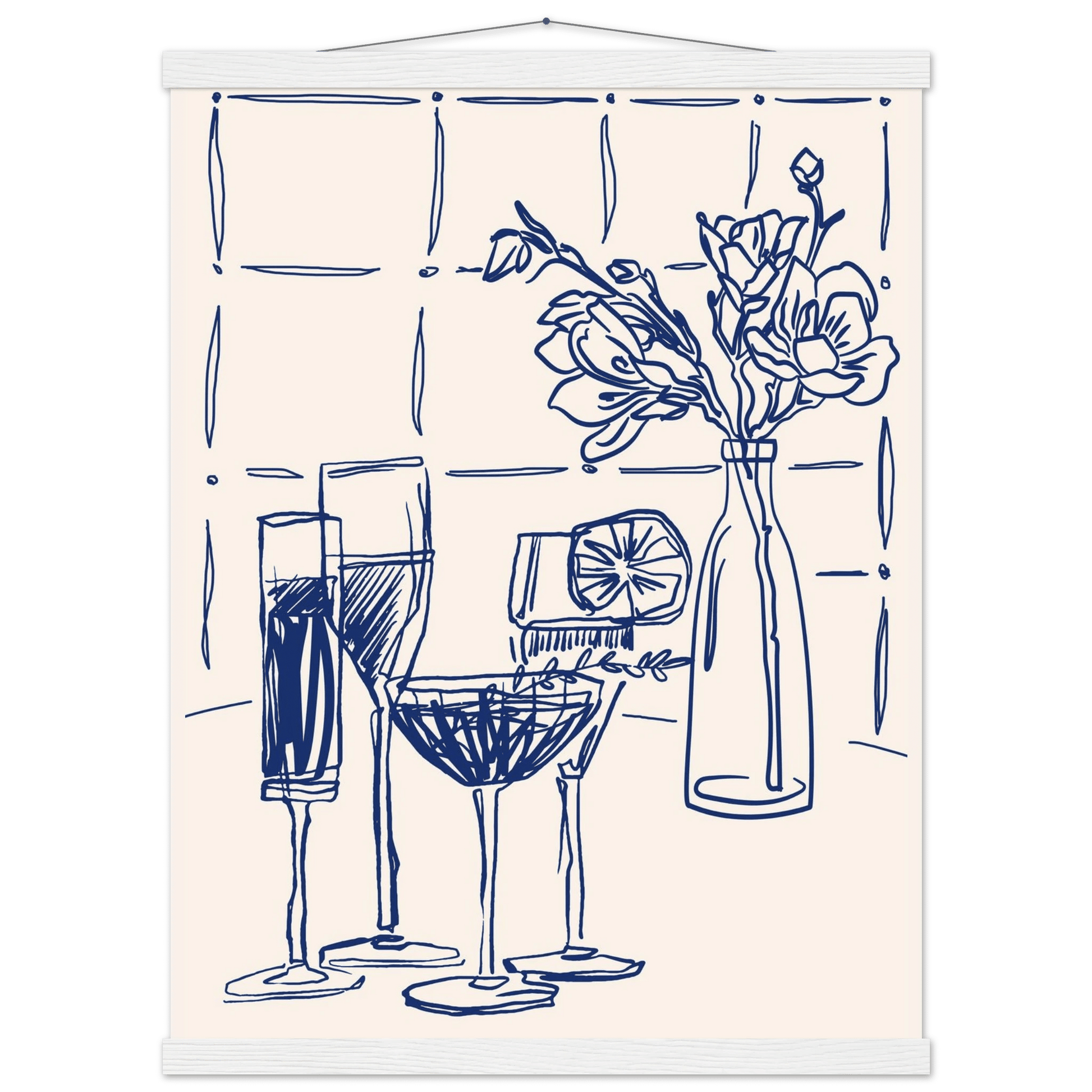 Cocktails & Flowers Print | Navy Blue Line Art Drinks Wall Art | Kitchen Bar Poster - Evergreen Posters