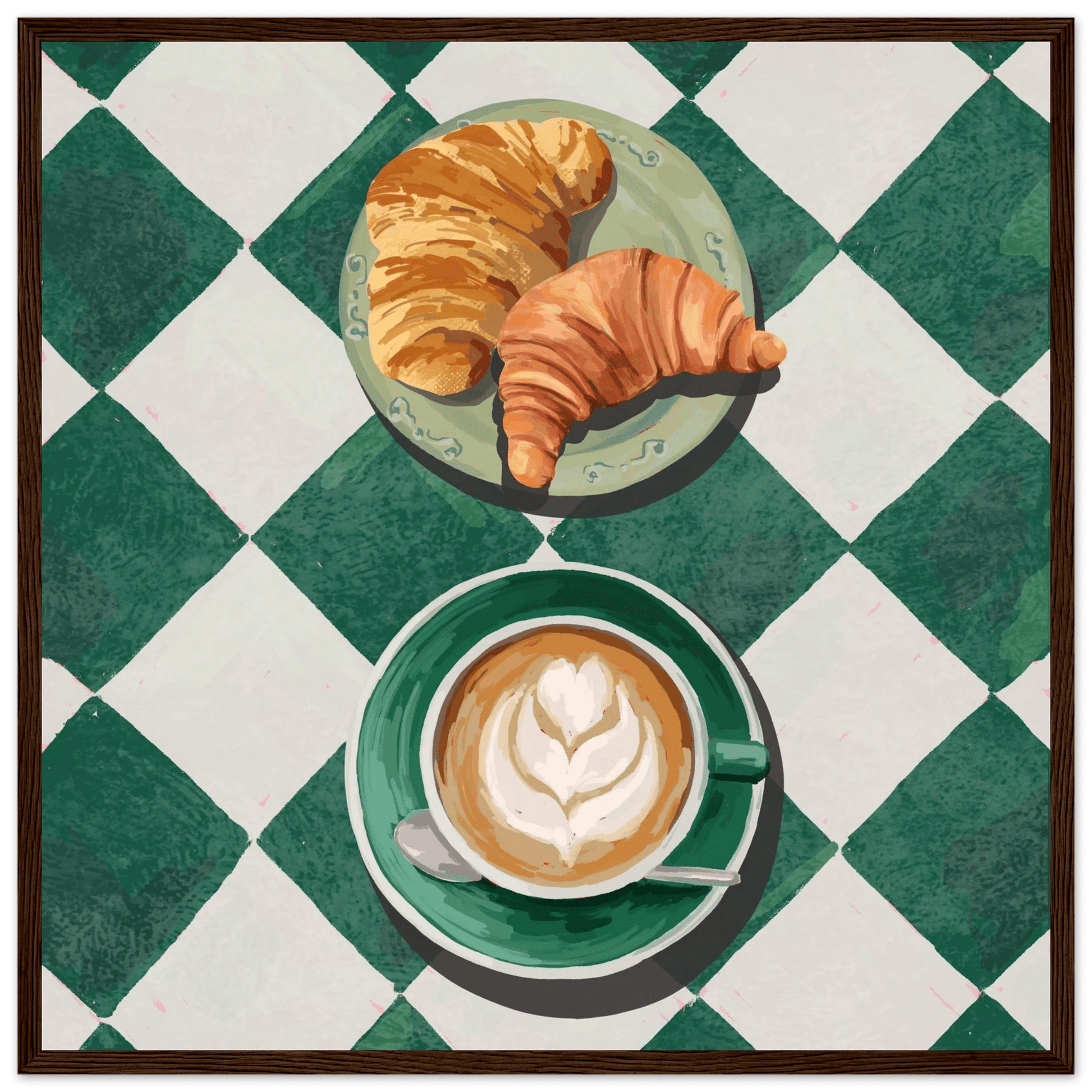 Croissant & Latte Poster | Classic Kitchen Wall Art | Green Tile Square Breakfast Print - Evergreen Posters - 20