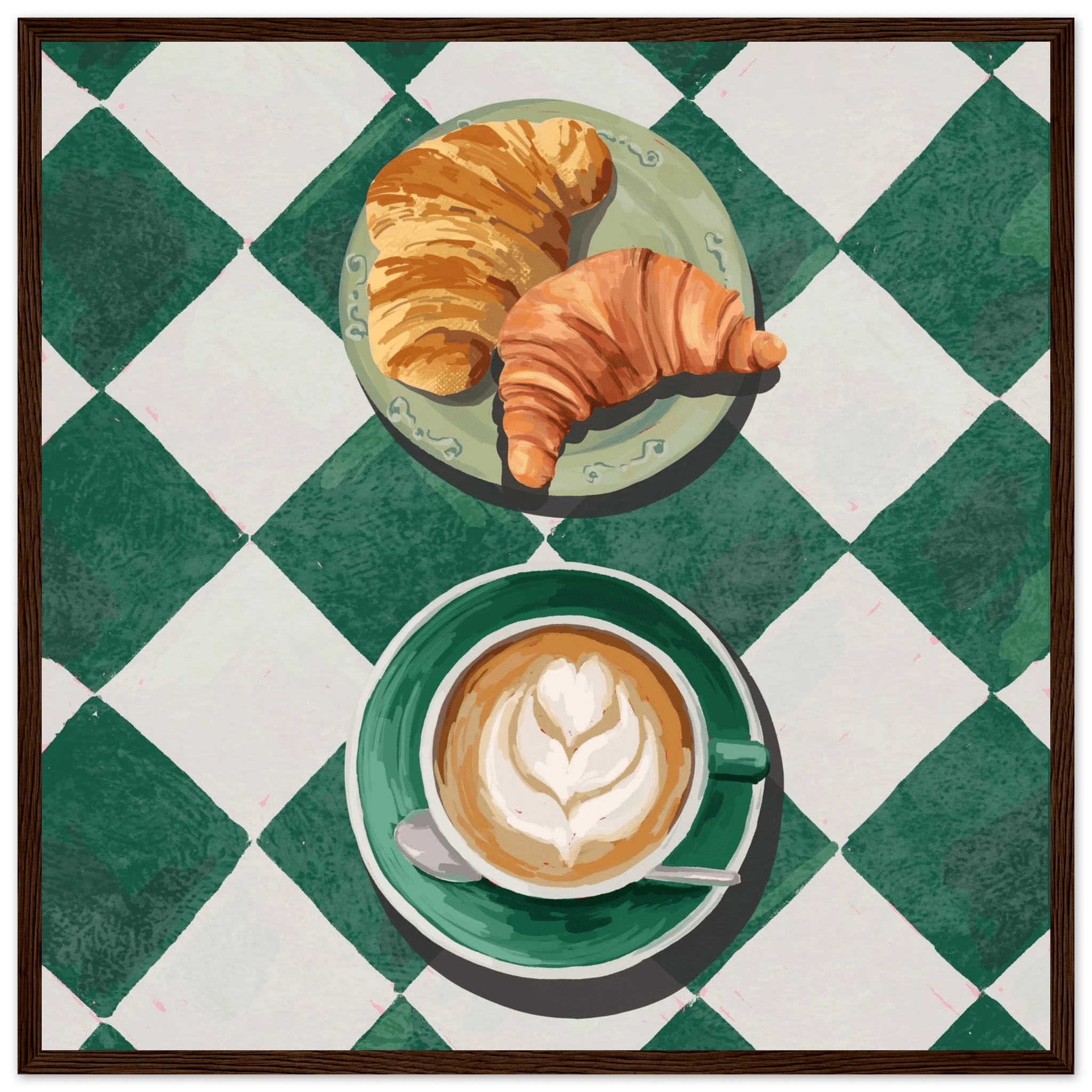 Croissant & Latte Poster | Classic Kitchen Wall Art | Green Tile Square Breakfast Print - Evergreen Posters - 20