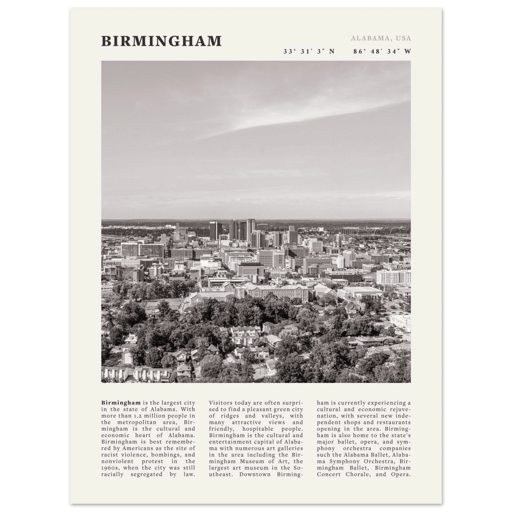 Birmingham Poster | Black & White Alabama Skyline Wall Art | AL Travel Print - Evergreen Posters