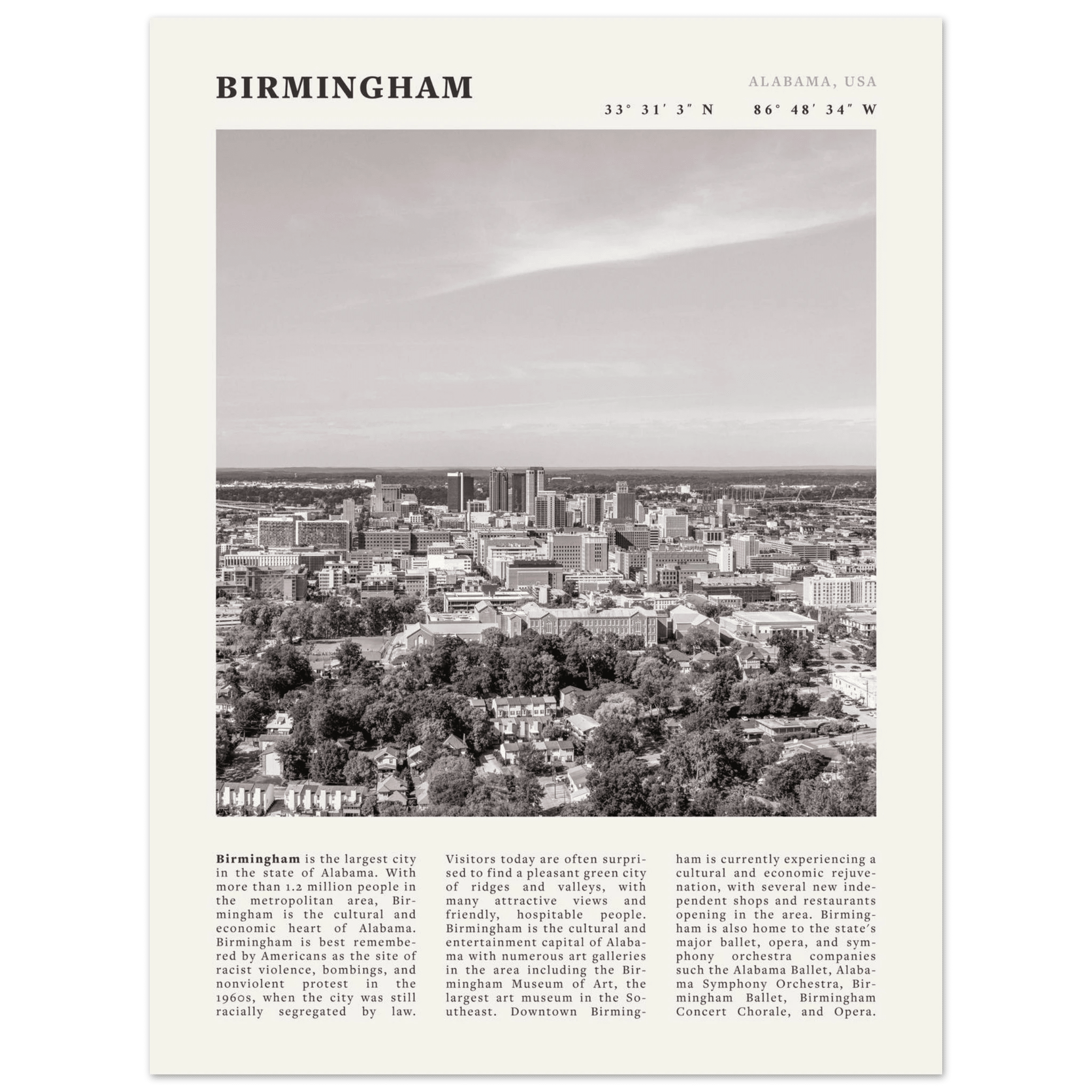 Birmingham Poster | Black & White Alabama Skyline Wall Art | AL Travel Print - Evergreen Posters