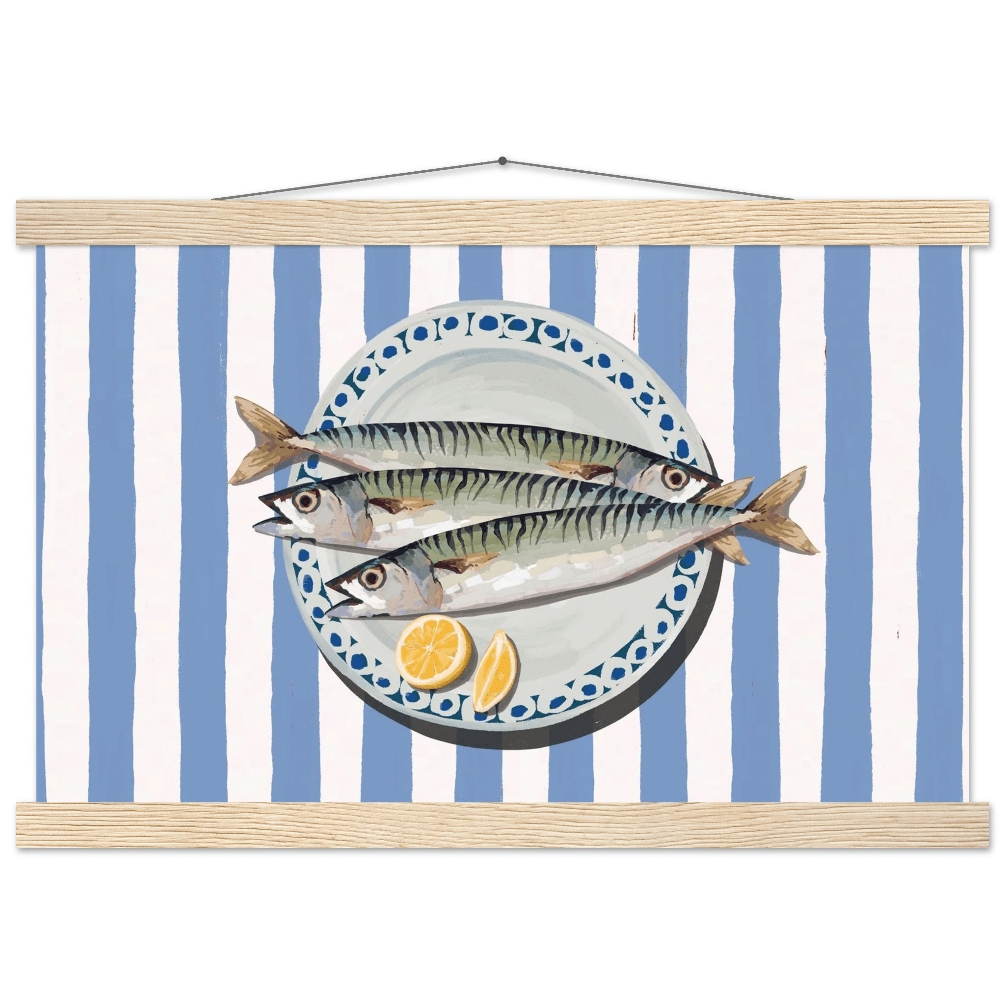 Sardines Print | Blue Stripe Fish Kitchen Wall Art | Coastal Food Poster - Evergreen Posters