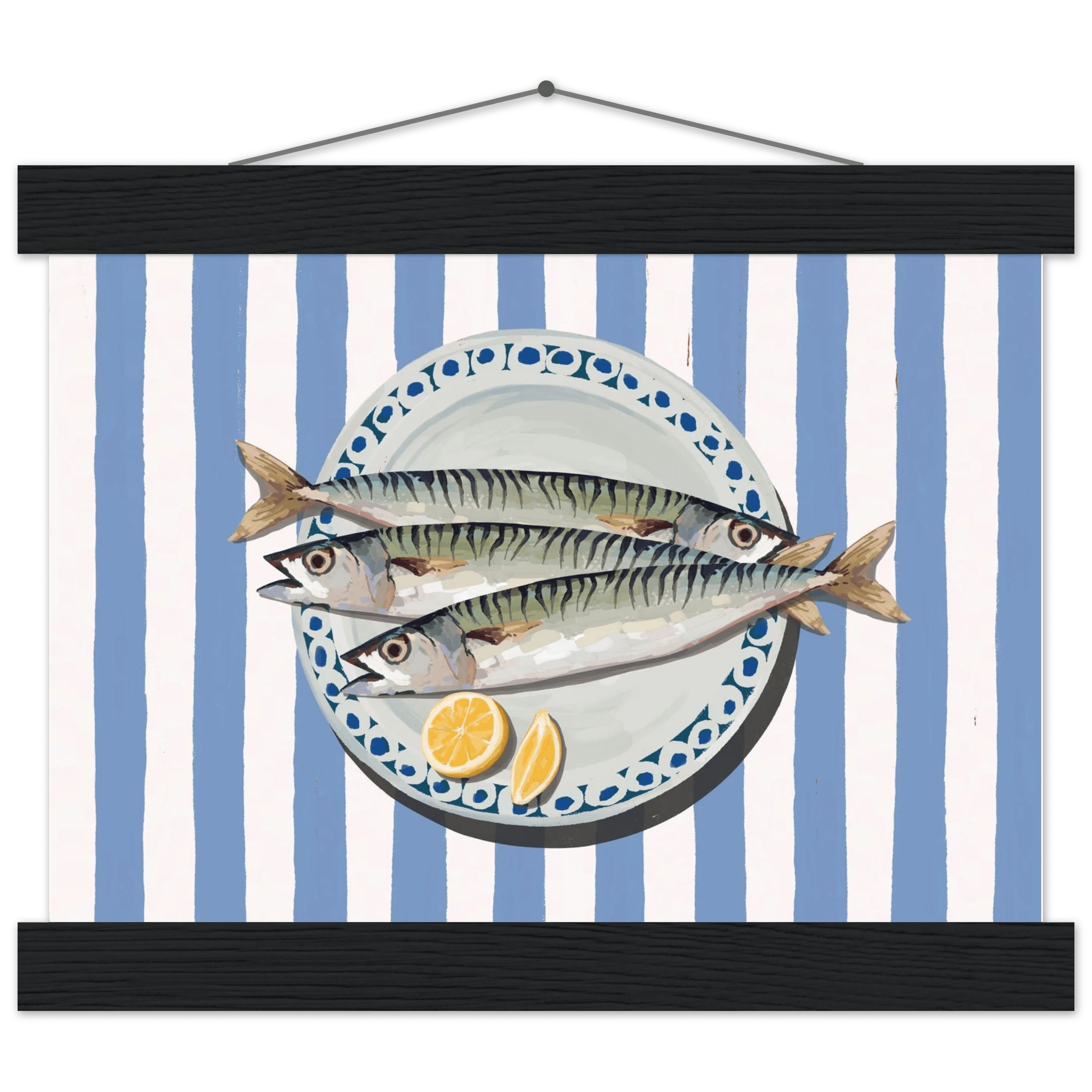 Sardines Print | Blue Stripe Fish Kitchen Wall Art | Coastal Food Poster - Evergreen Posters