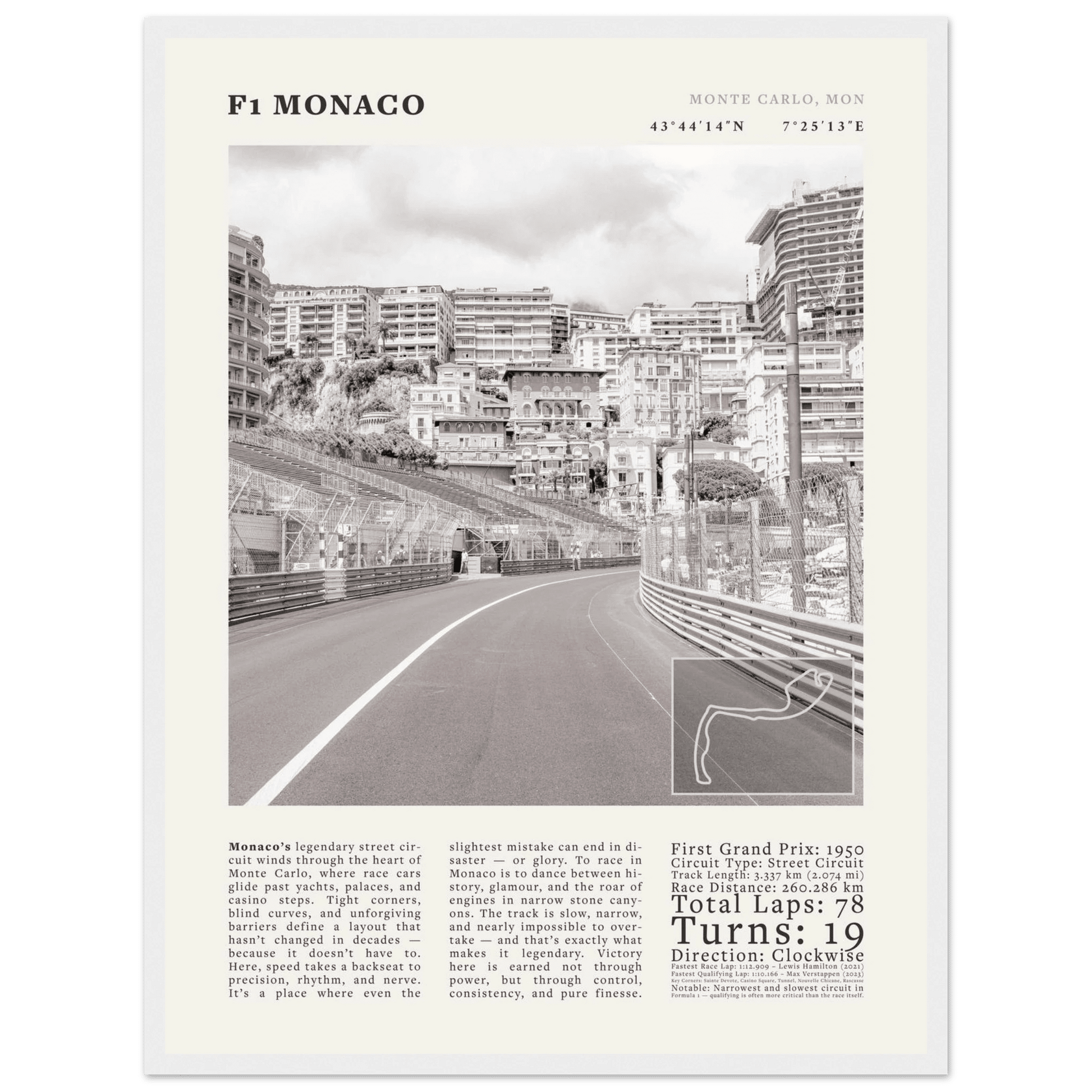 F1 Monaco Poster Black and White – Vintage Monte Carlo Street Circuit Print (Digital & Printed Options) - Evergreen Posters