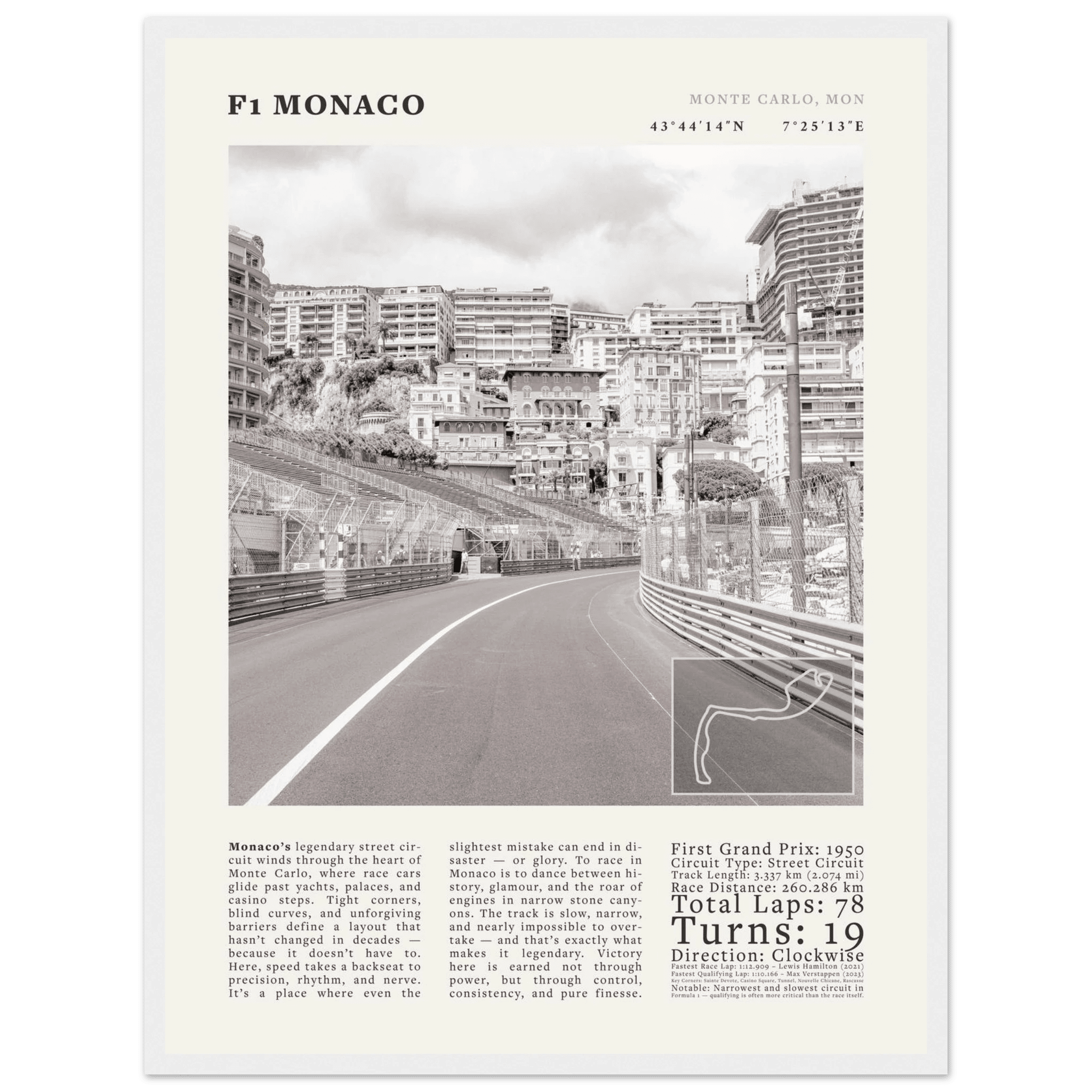 F1 Monaco Poster Black and White – Vintage Monte Carlo Street Circuit Print (Digital & Printed Options) - Evergreen Posters
