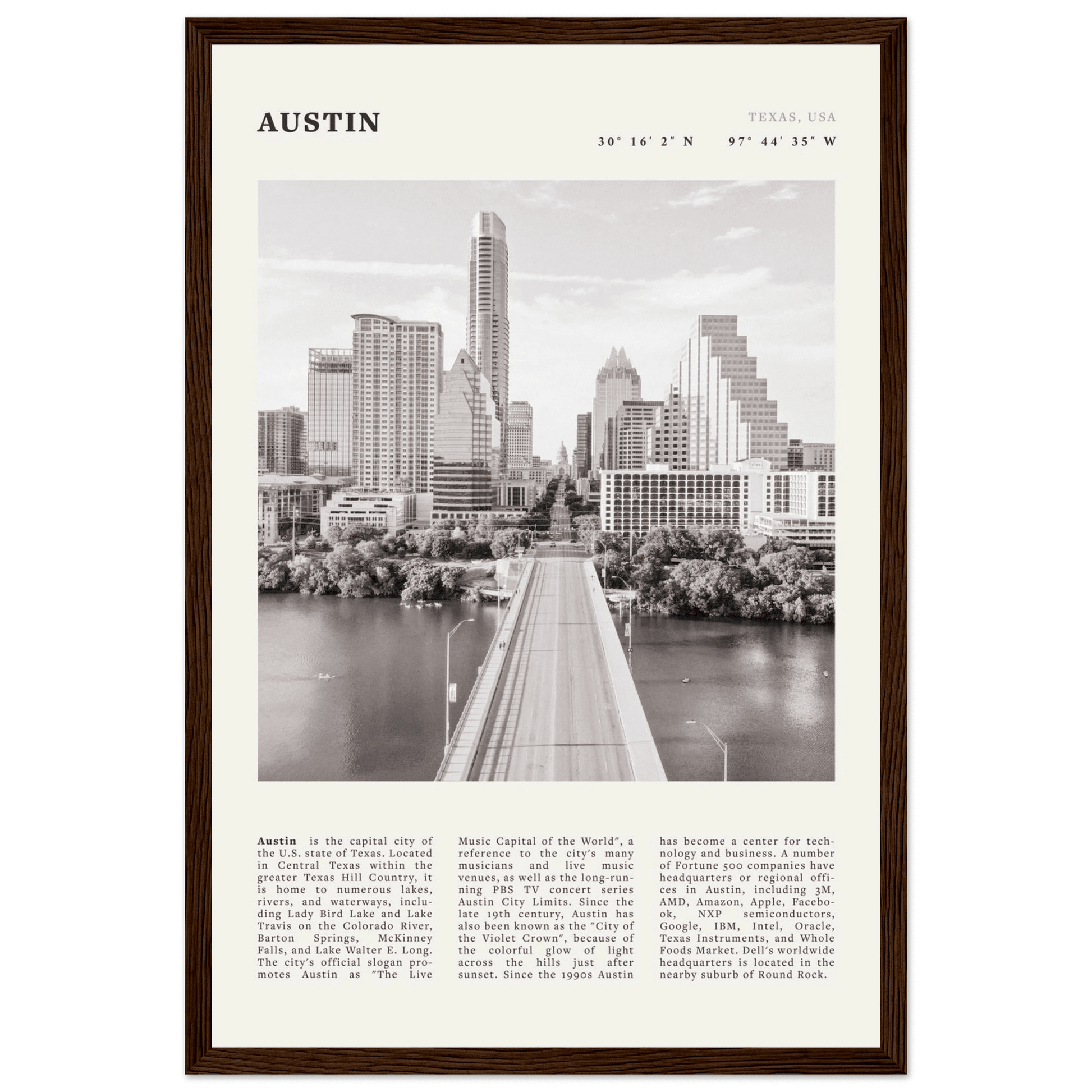 Austin Poster | Black & White Texas Skyline Wall Art | City Travel Print Decor - Evergreen Posters