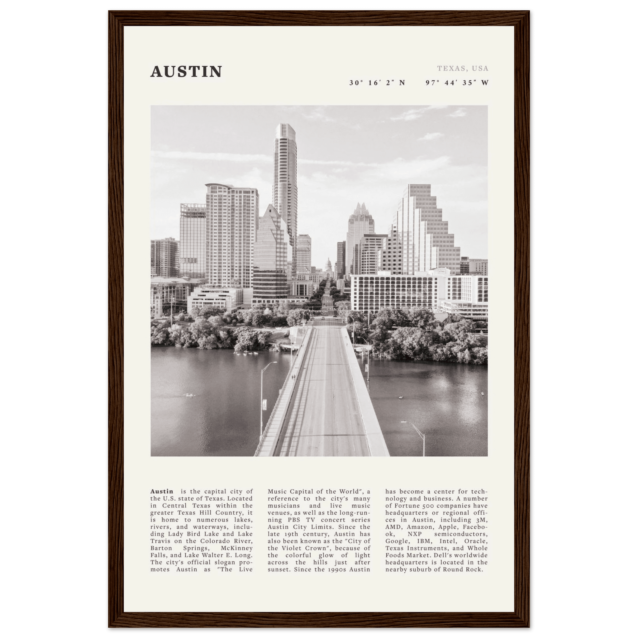 Austin Poster | Black & White Texas Skyline Wall Art | City Travel Print Decor - Evergreen Posters