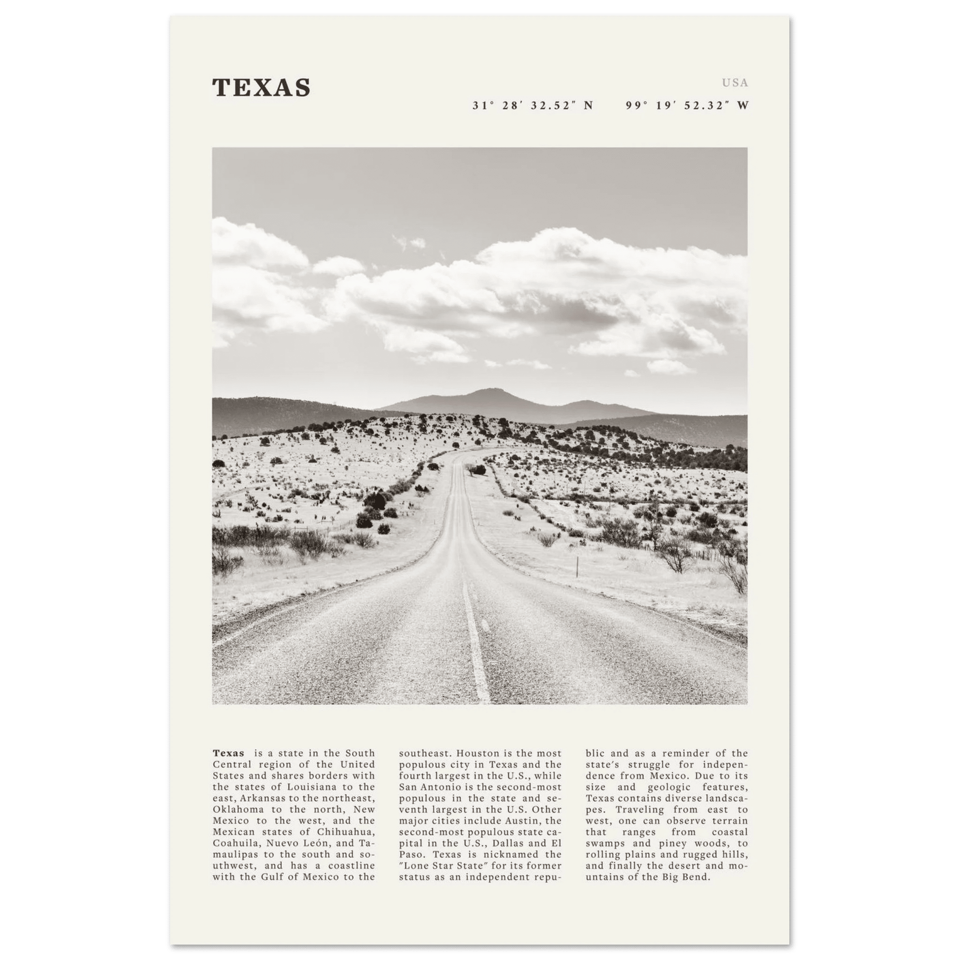 Texas Poster | Black & White Lone Star Road Wall Art | USA Travel Print Decor - Evergreen Posters