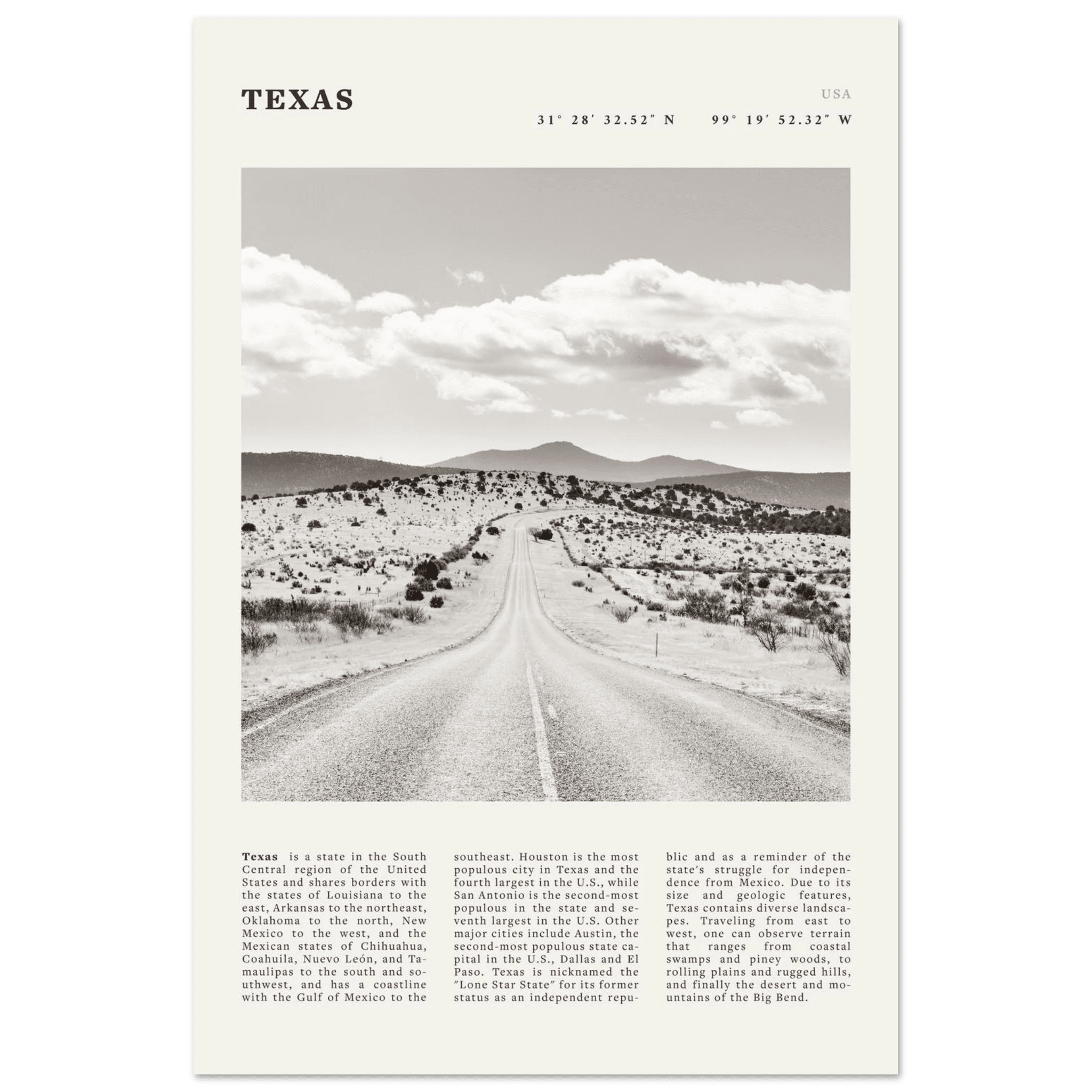 Texas Poster | Black & White Lone Star Road Wall Art | USA Travel Print Decor - Evergreen Posters
