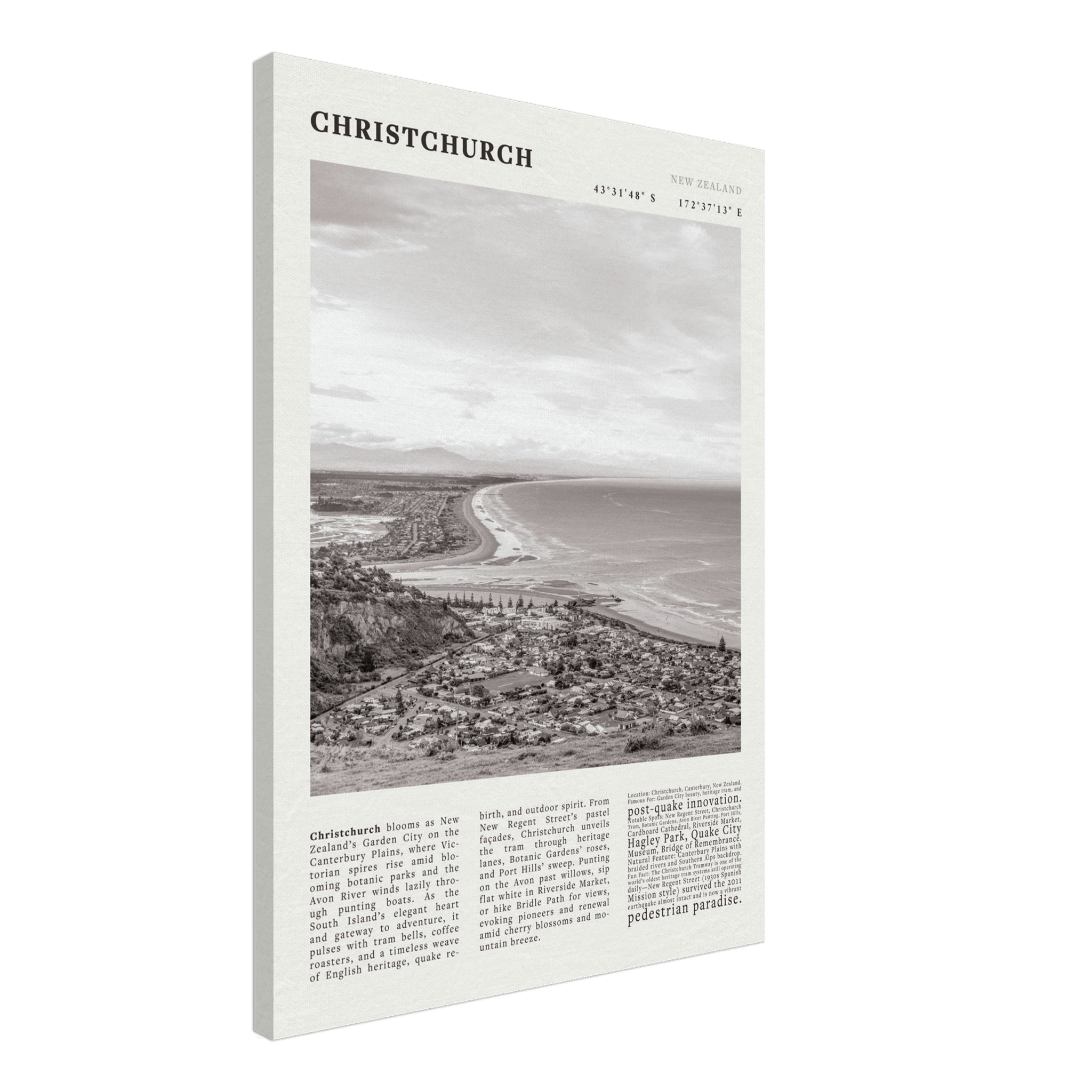 Christchurch New Zealand Poster Black and White – Vintage Garden City Panorama Print - Evergreen Posters