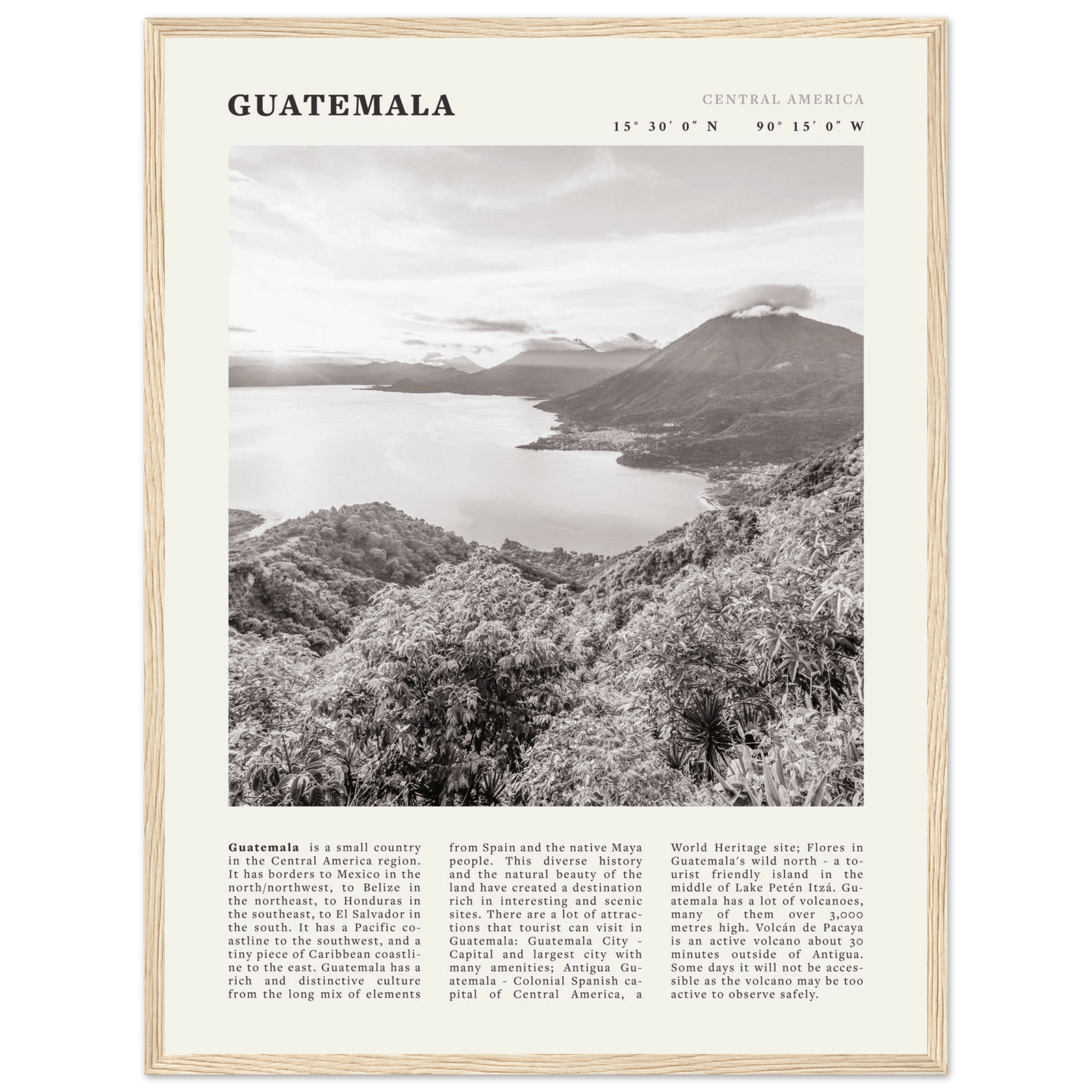 Guatemala Poster | Black & White Lake Atitlan Wall Art | Central America Travel Print - Evergreen Posters